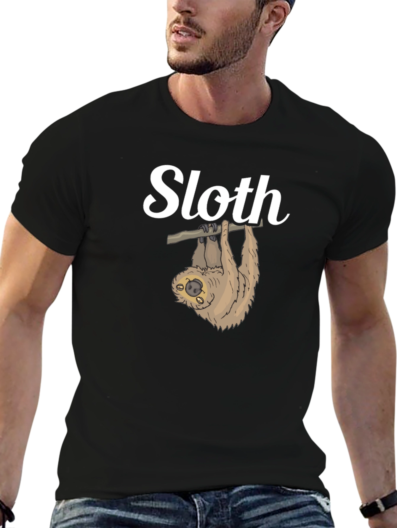 Black Cute Sloth Hanging T-Shirt - Funny Animal Tee view 6