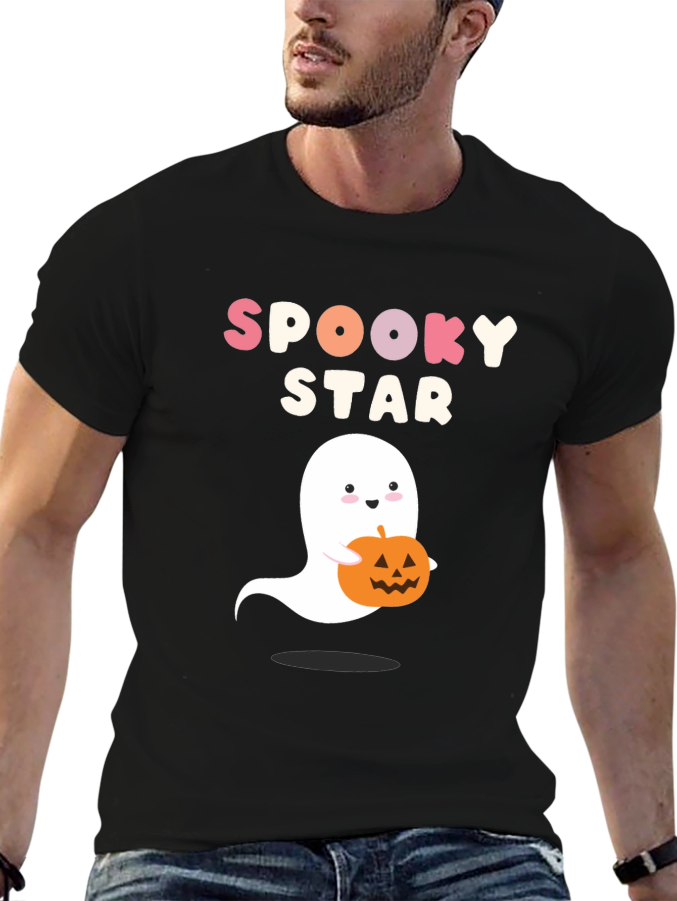 Black Spooky Star Ghost & Pumpkin Graphic Tee view 6