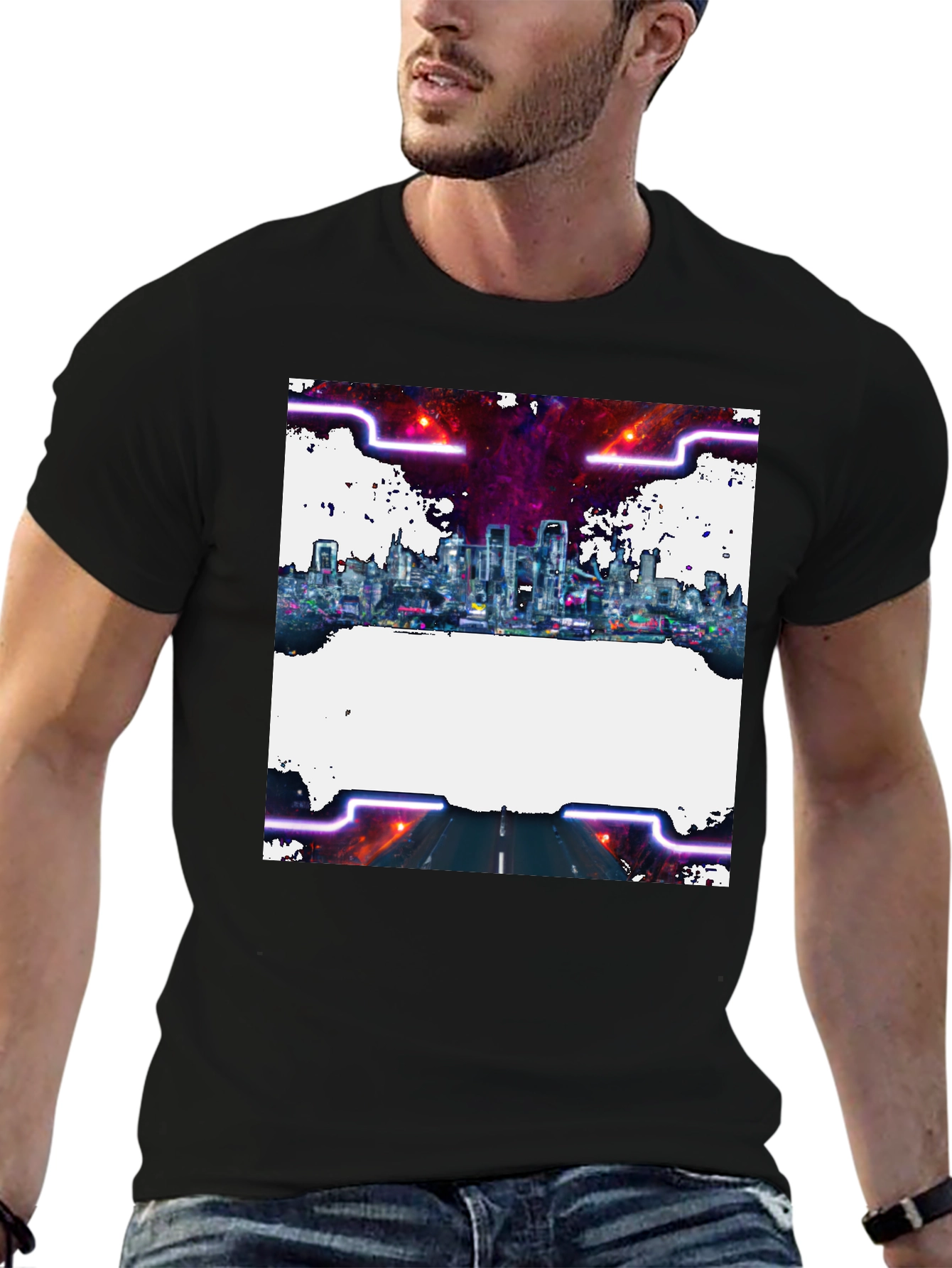 Black Cyberpunk Cityscape Graphic Tee - Black Crew Neck view 6
