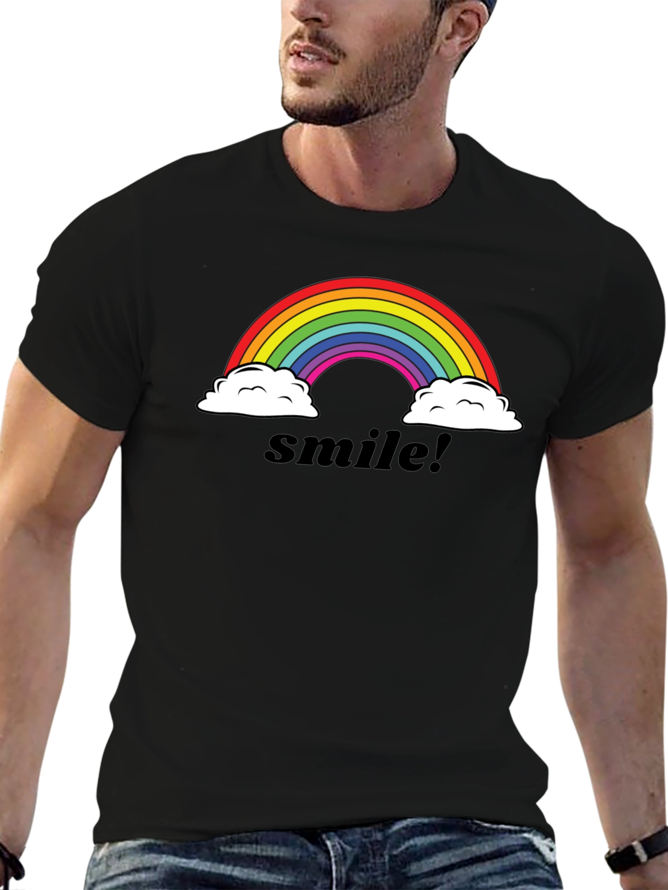 Black Smile Rainbow Graphic Tee -  Comfortable Black T-Shirt view 6