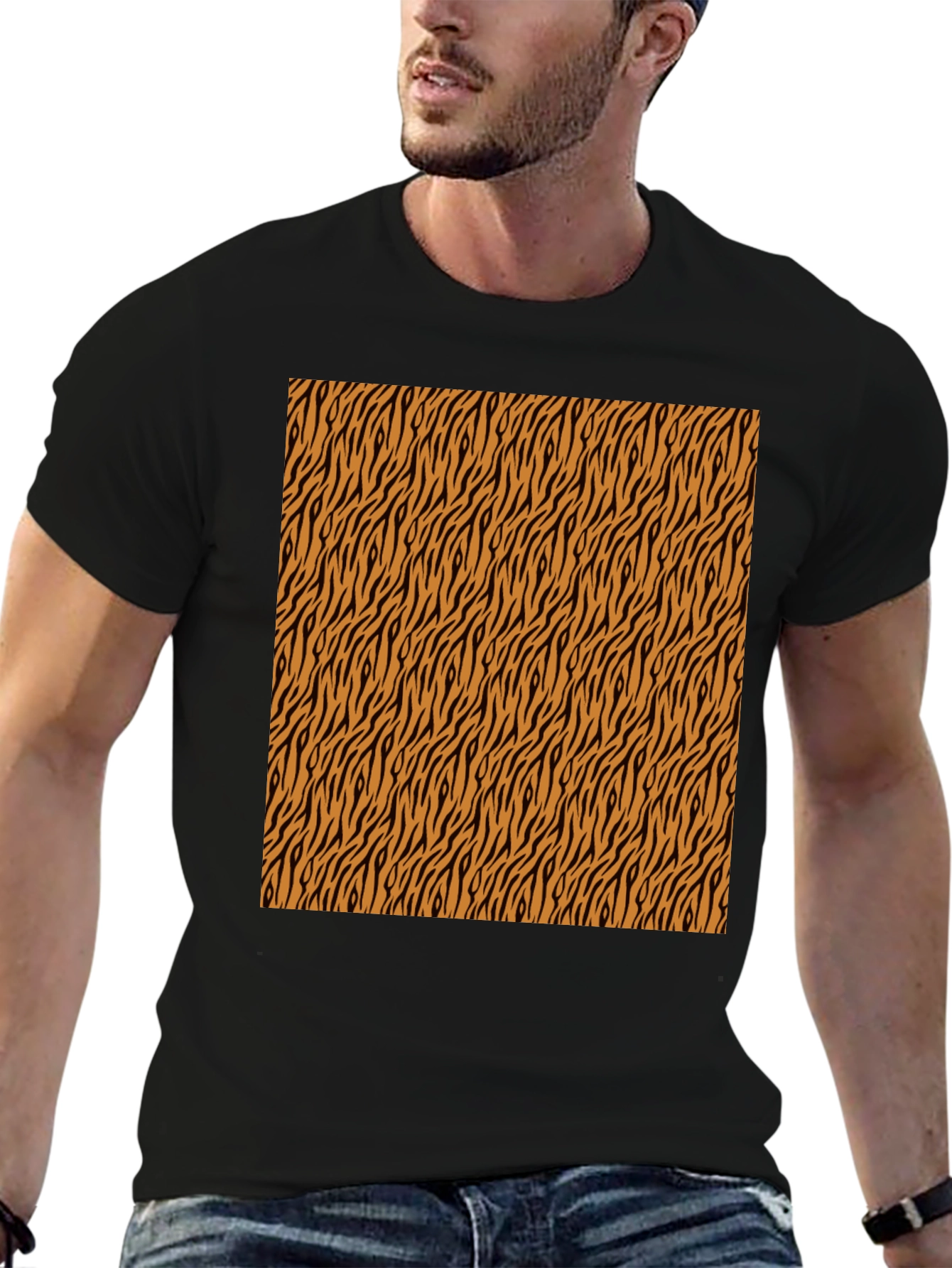 Black Tiger Stripe Pattern Black T-Shirt view 6
