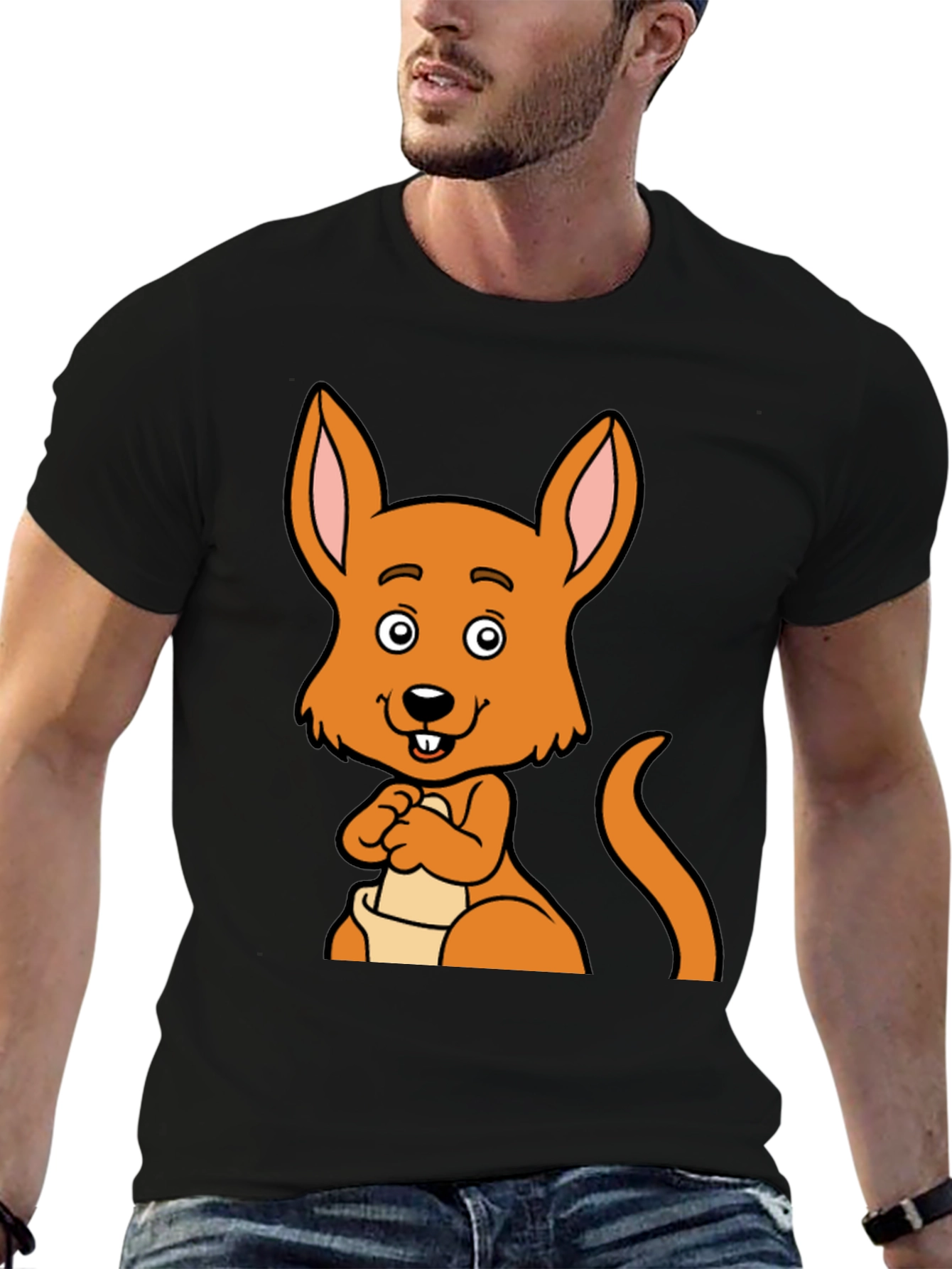 Black Cartoon Kangaroo Graphic Tee - Black Unisex T-Shirt view 6