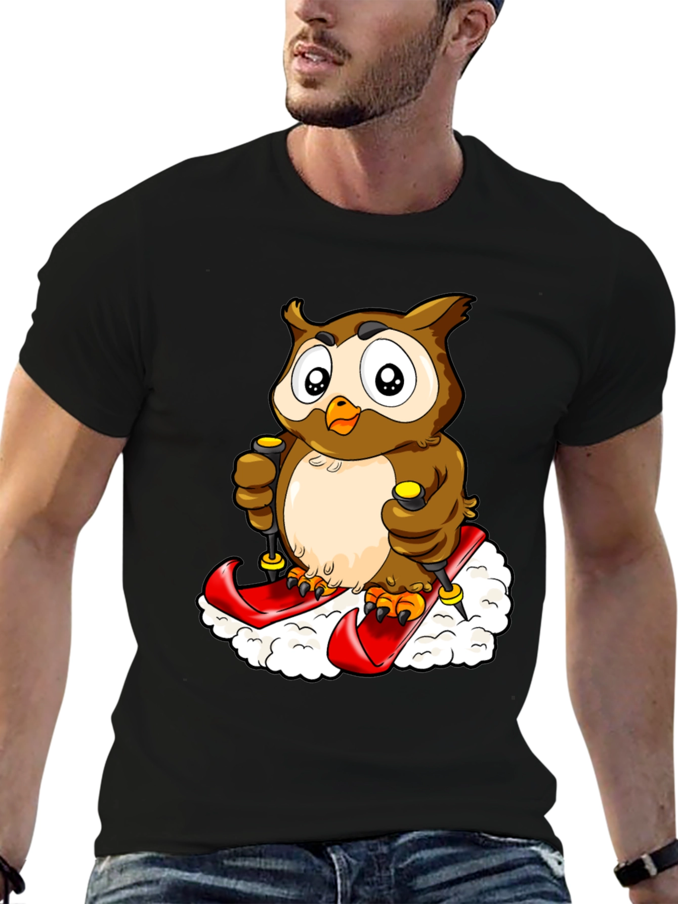 Black Owl Skiing Graphic Tee - Black view 6