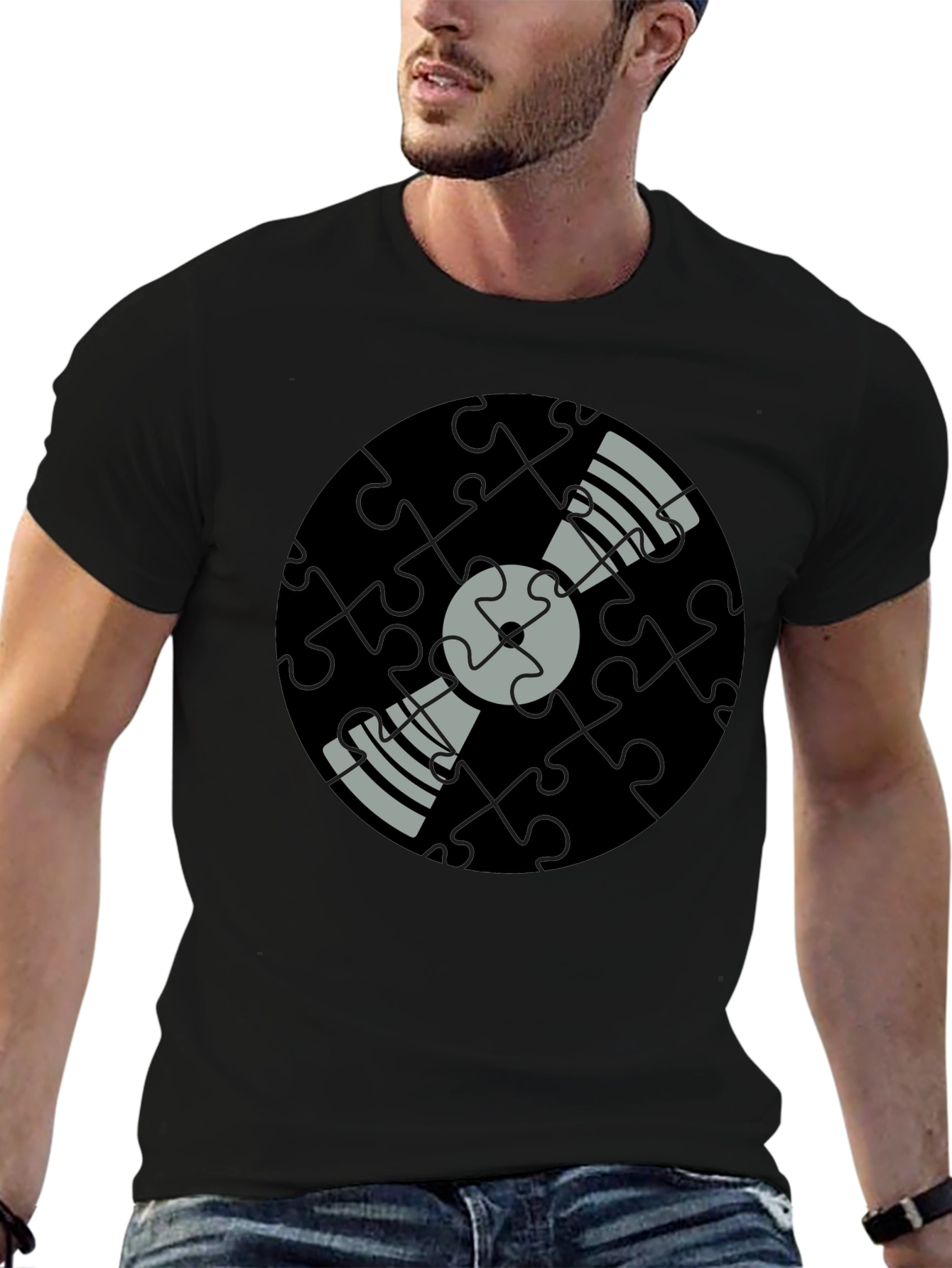 Black Puzzle Piece Vinyl Record Graphic Tee - Black view 6
