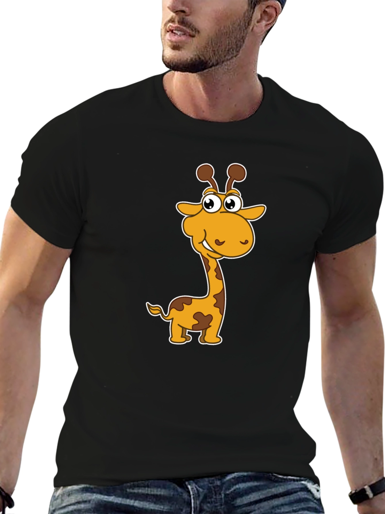 Black Cartoon Giraffe Graphic Tee - Men's Black T-Shirt view 6