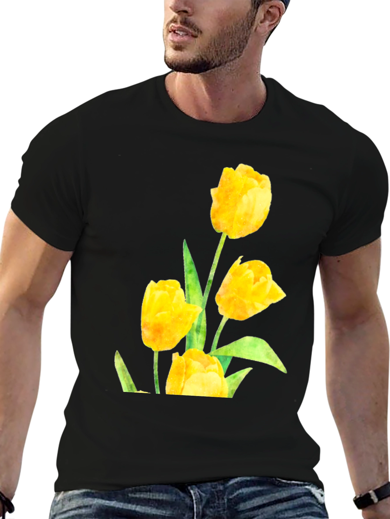 Black Men's Black T-Shirt with Yellow Tulip Floral Design view 6