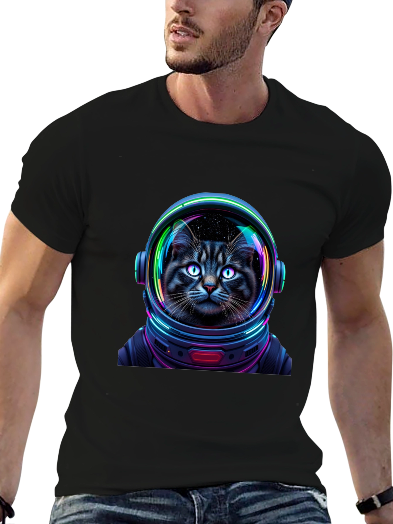 Black Cat Astronaut Graphic T-Shirt - Unisex Black Tee view 6