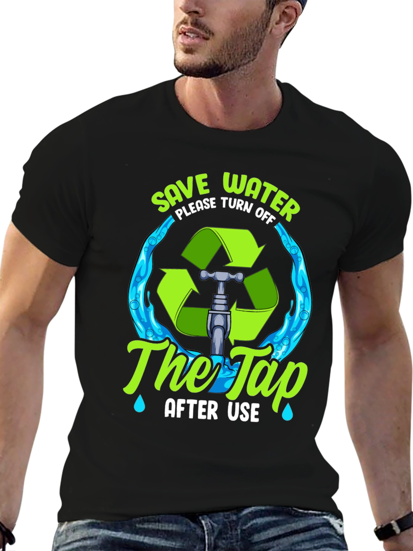 Black Save Water T-Shirt: Eco-Friendly Design view 6