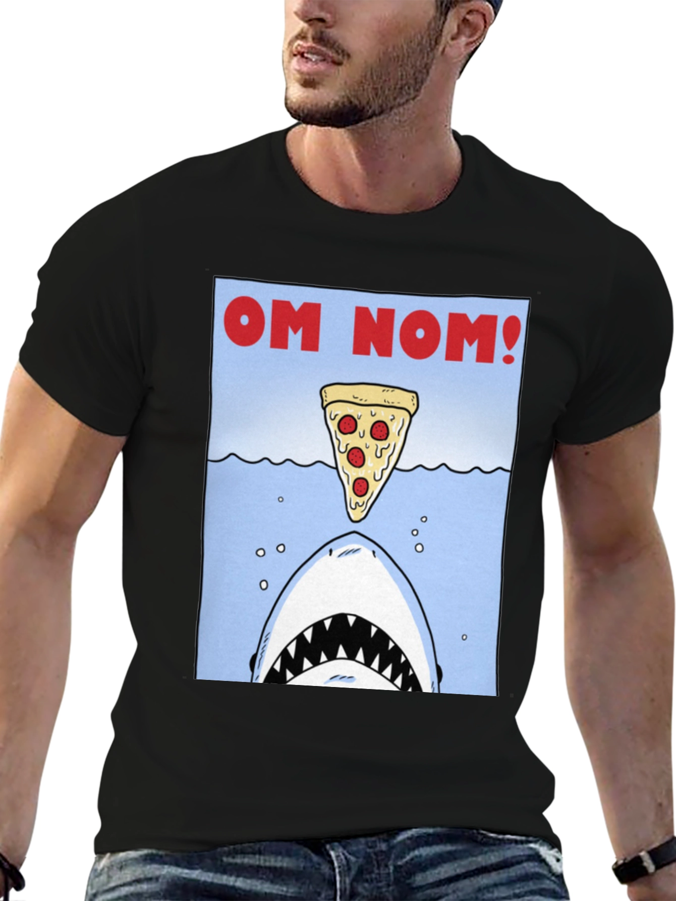 Black Om Nom Pizza Shark T-Shirt - Funny Foodie Tee view 6