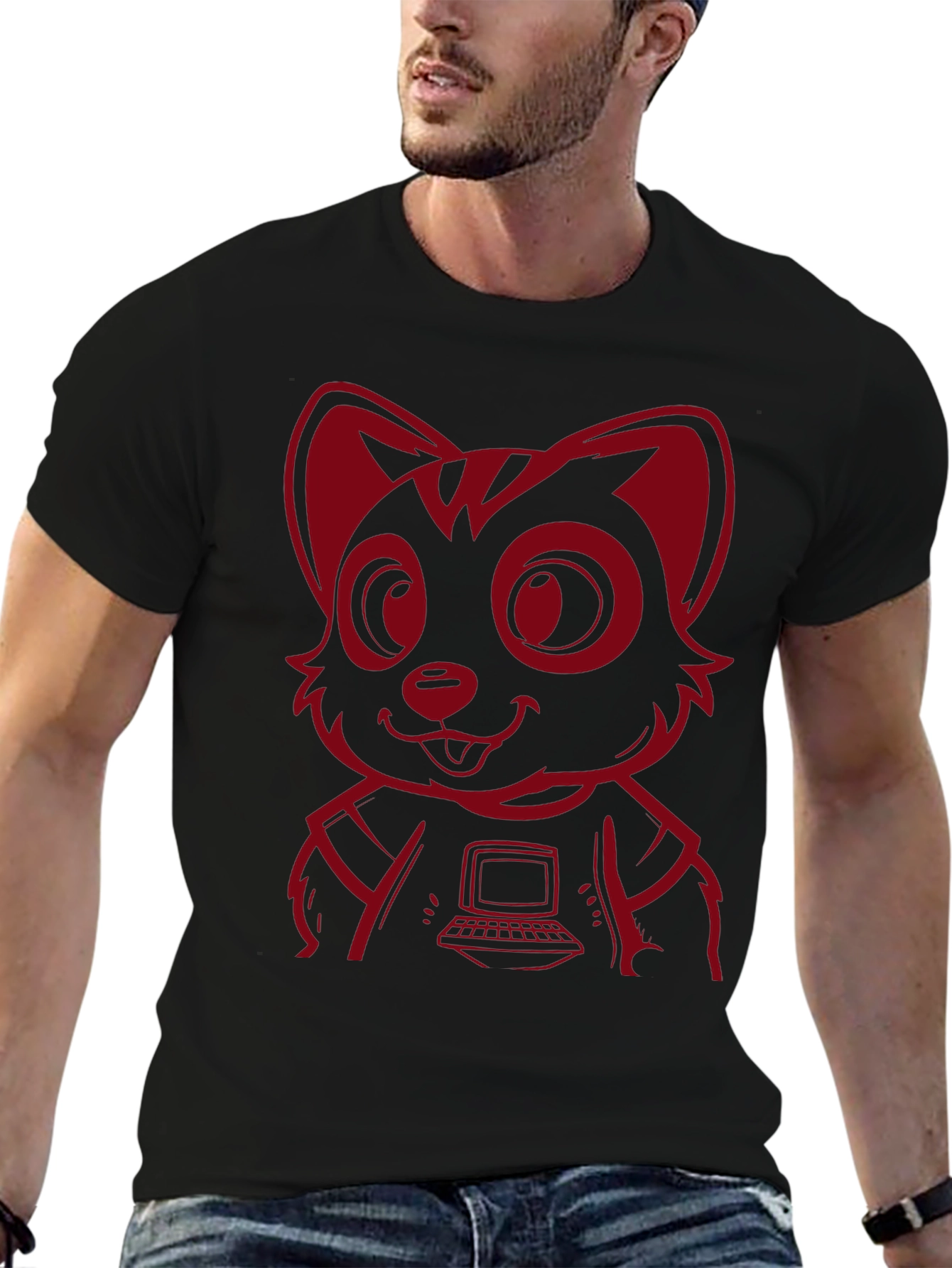 Black Red Raccoon Programmer T-Shirt - Cool Cartoon Design view 6