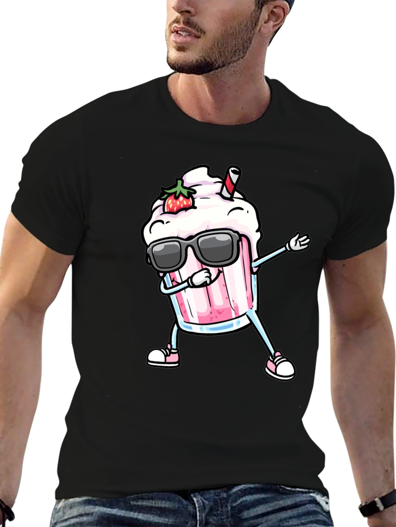 Black Cool Strawberry Milkshake Dabbing Graphic Tee view 6