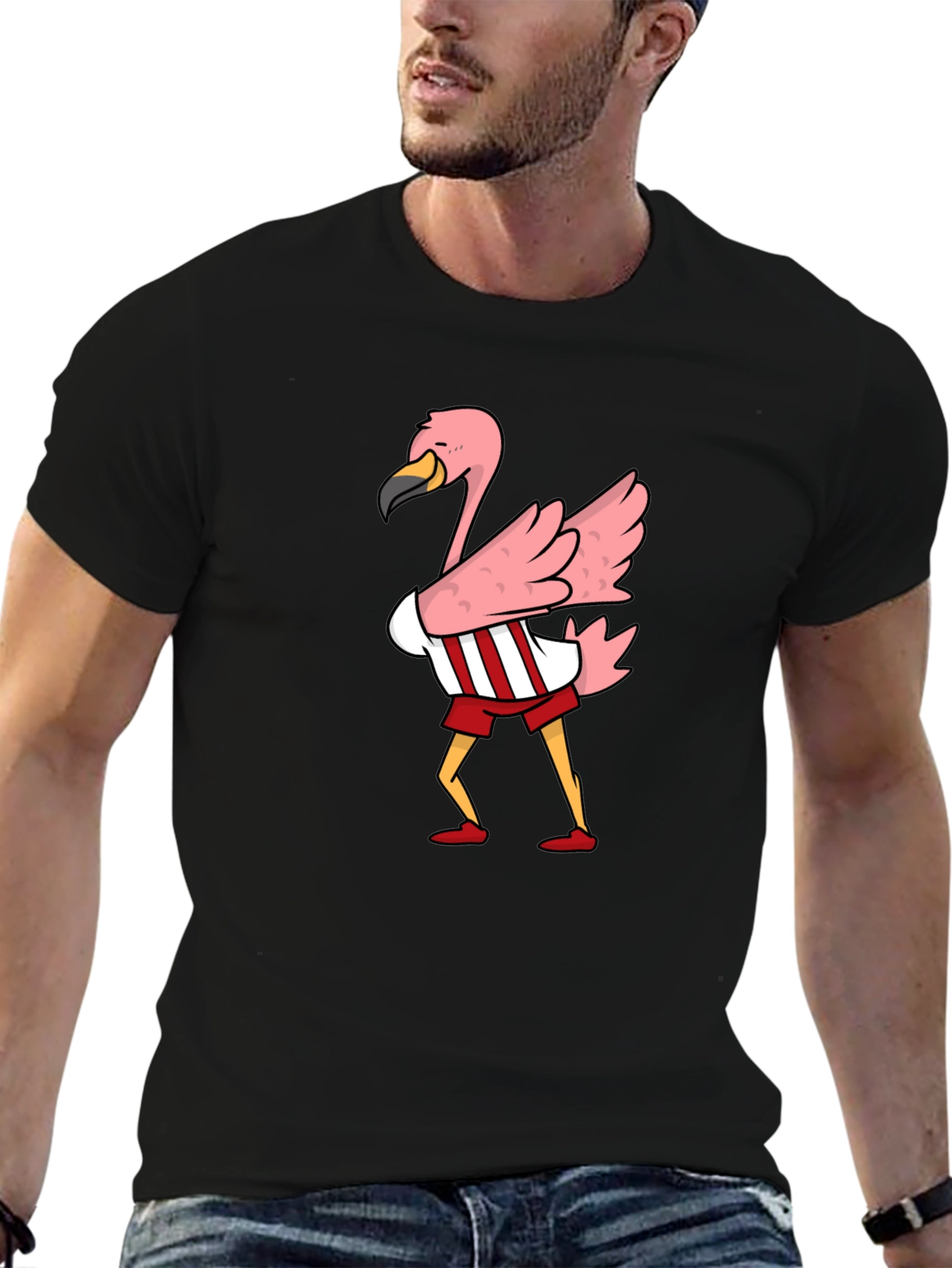 Black Flamingo Cartoon Graphic T-Shirt view 6