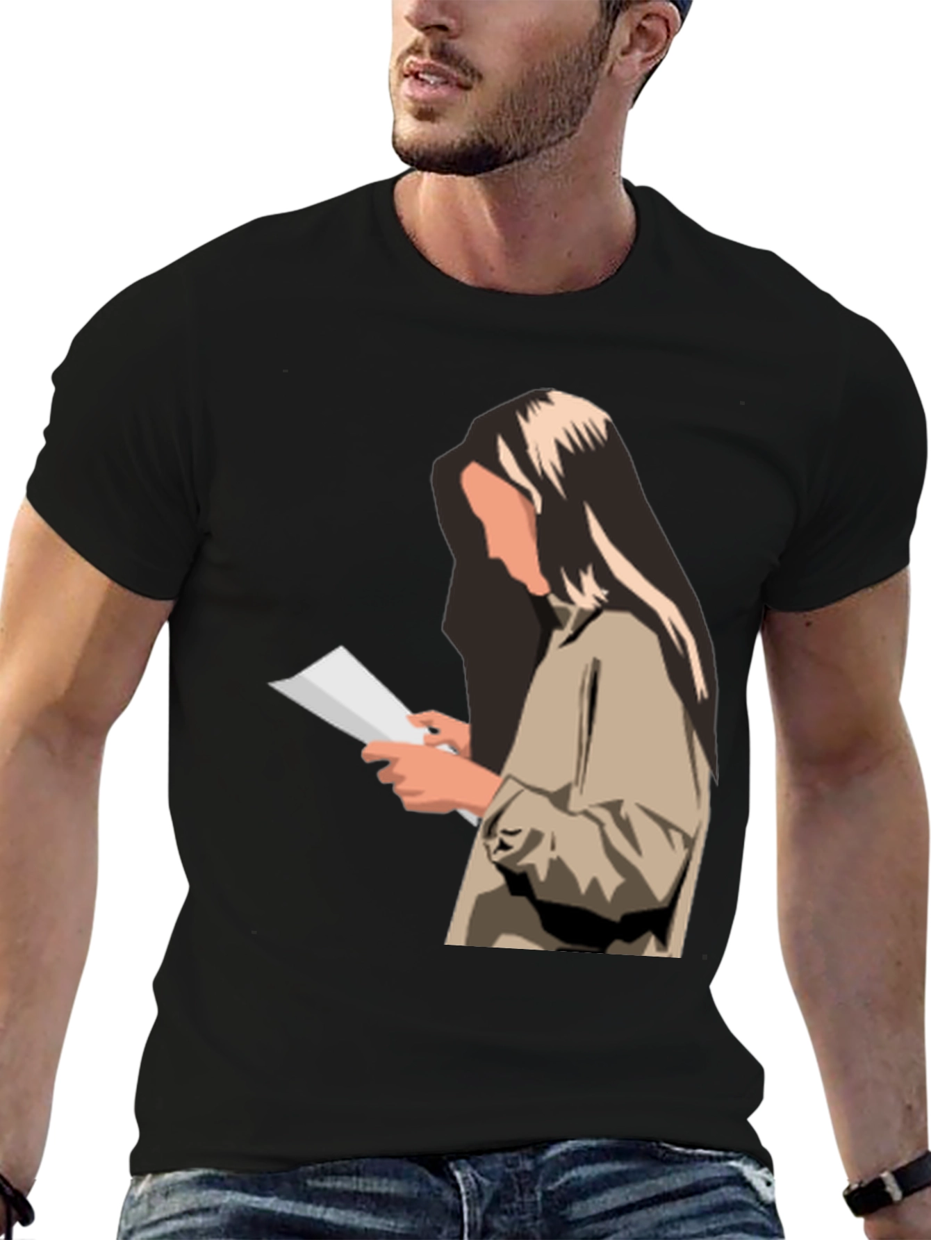 Black Stylish Graphic Print T-Shirt - Reading Woman Design view 6