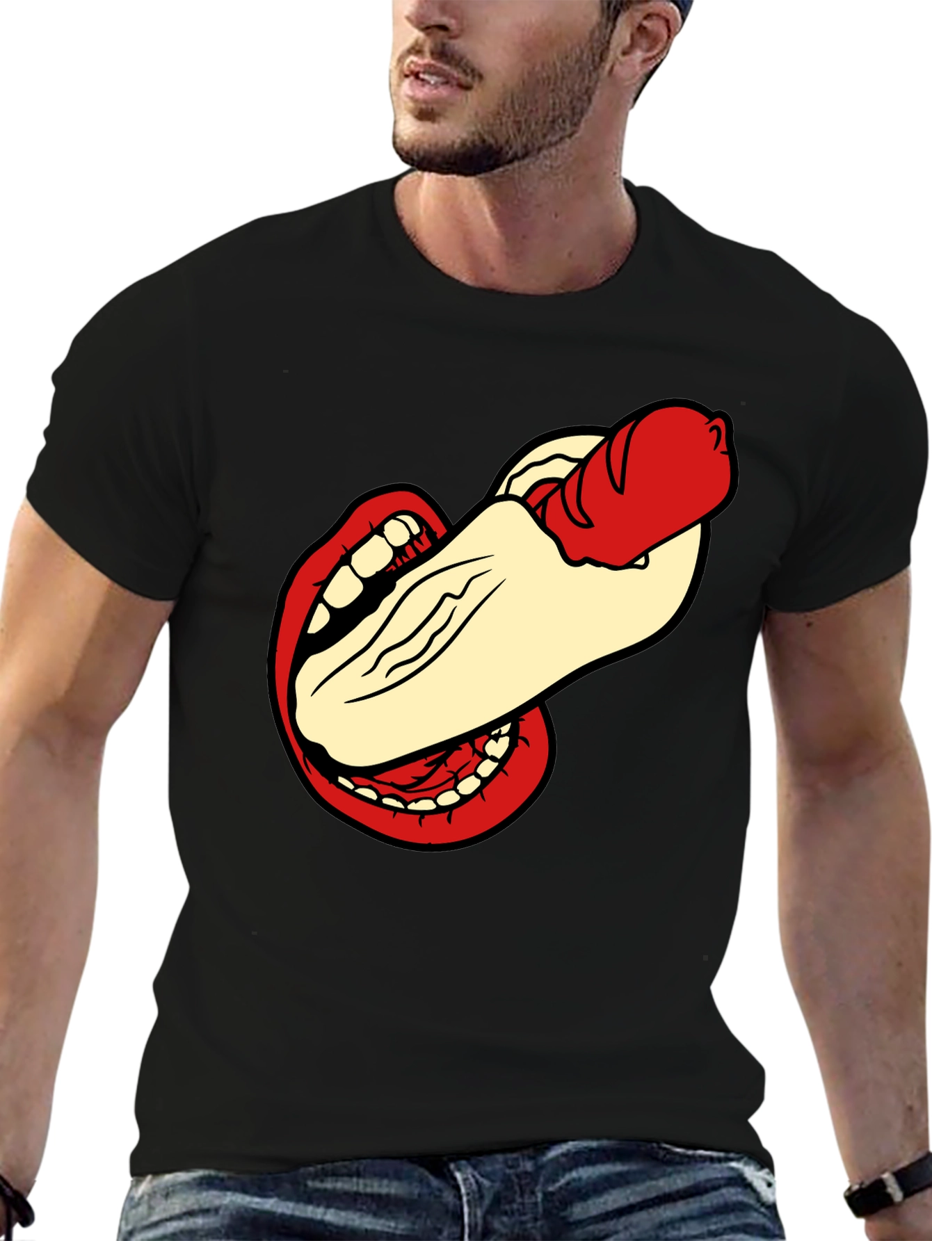 Black Humorous Hot Dog Bite Black T-Shirt view 6