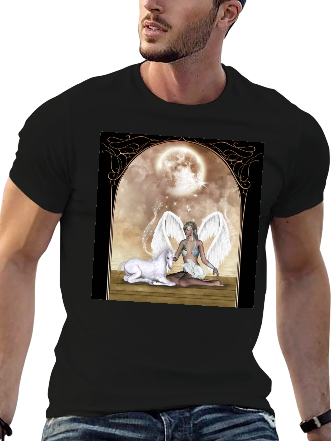 Black Fantasy Angel & Unicorn T-Shirt view 6