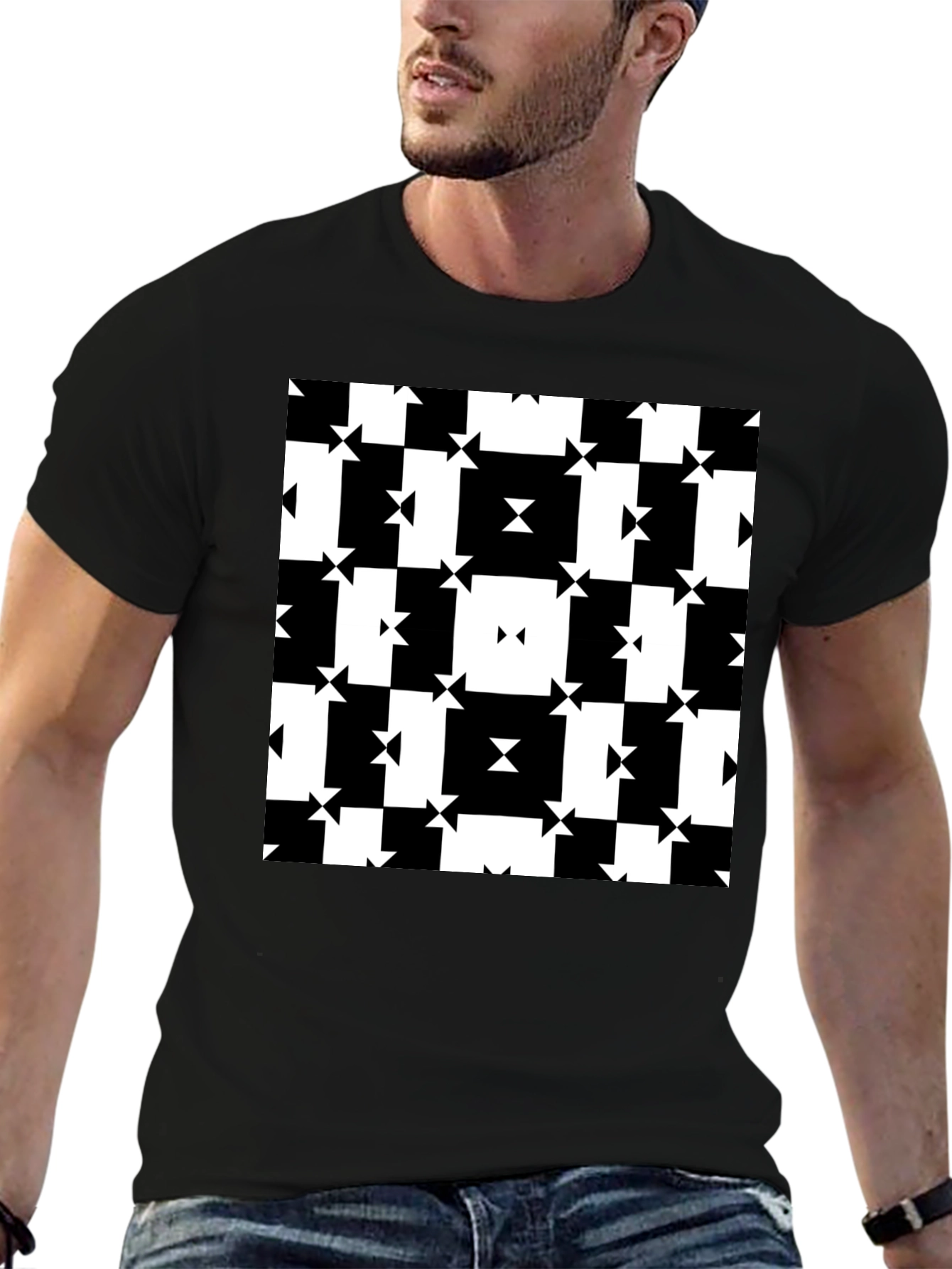 Black Geometric Pattern Tee - Modern Black & White Design view 6
