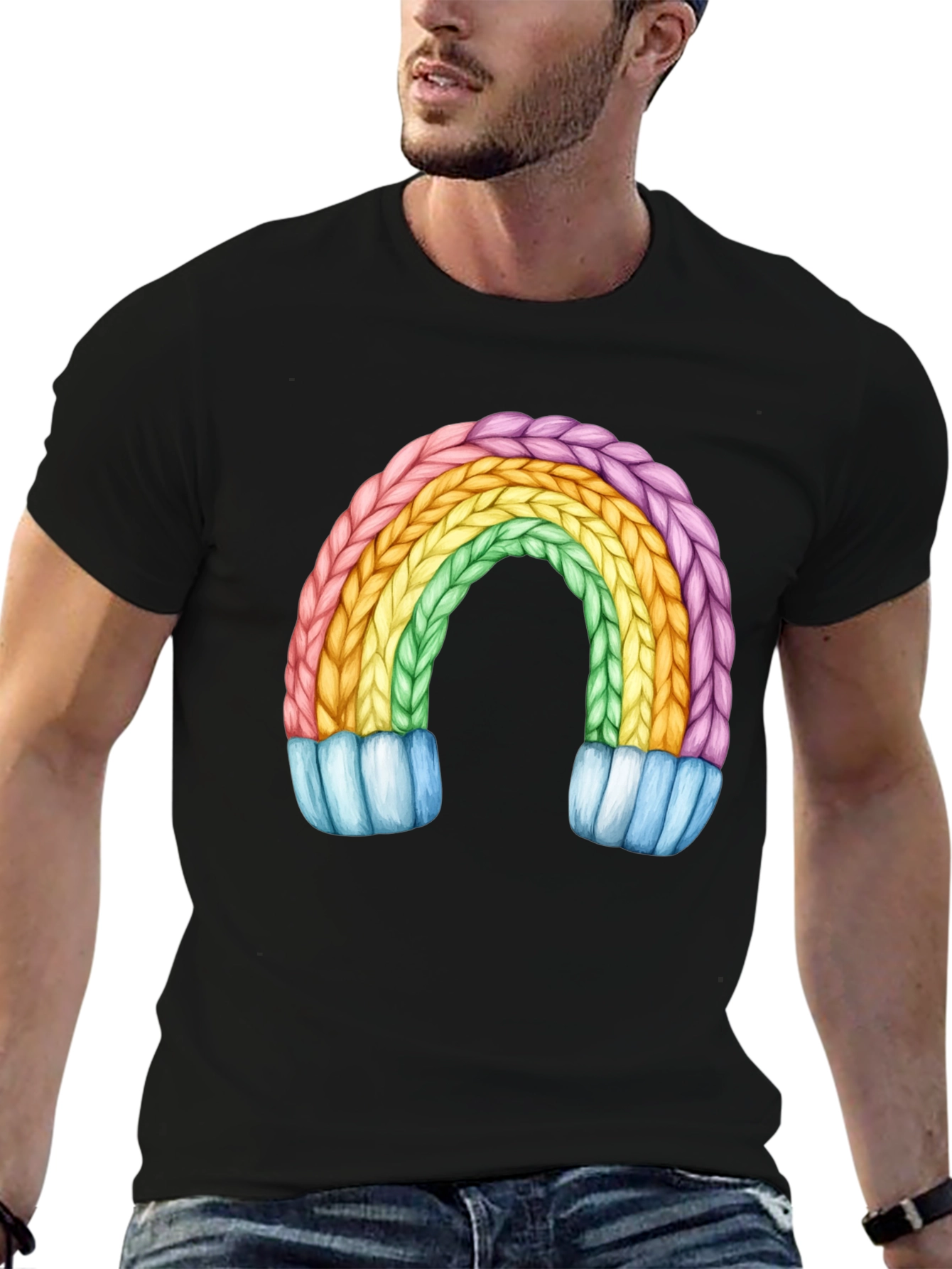 Black Rainbow Knit Design Black T-Shirt view 6