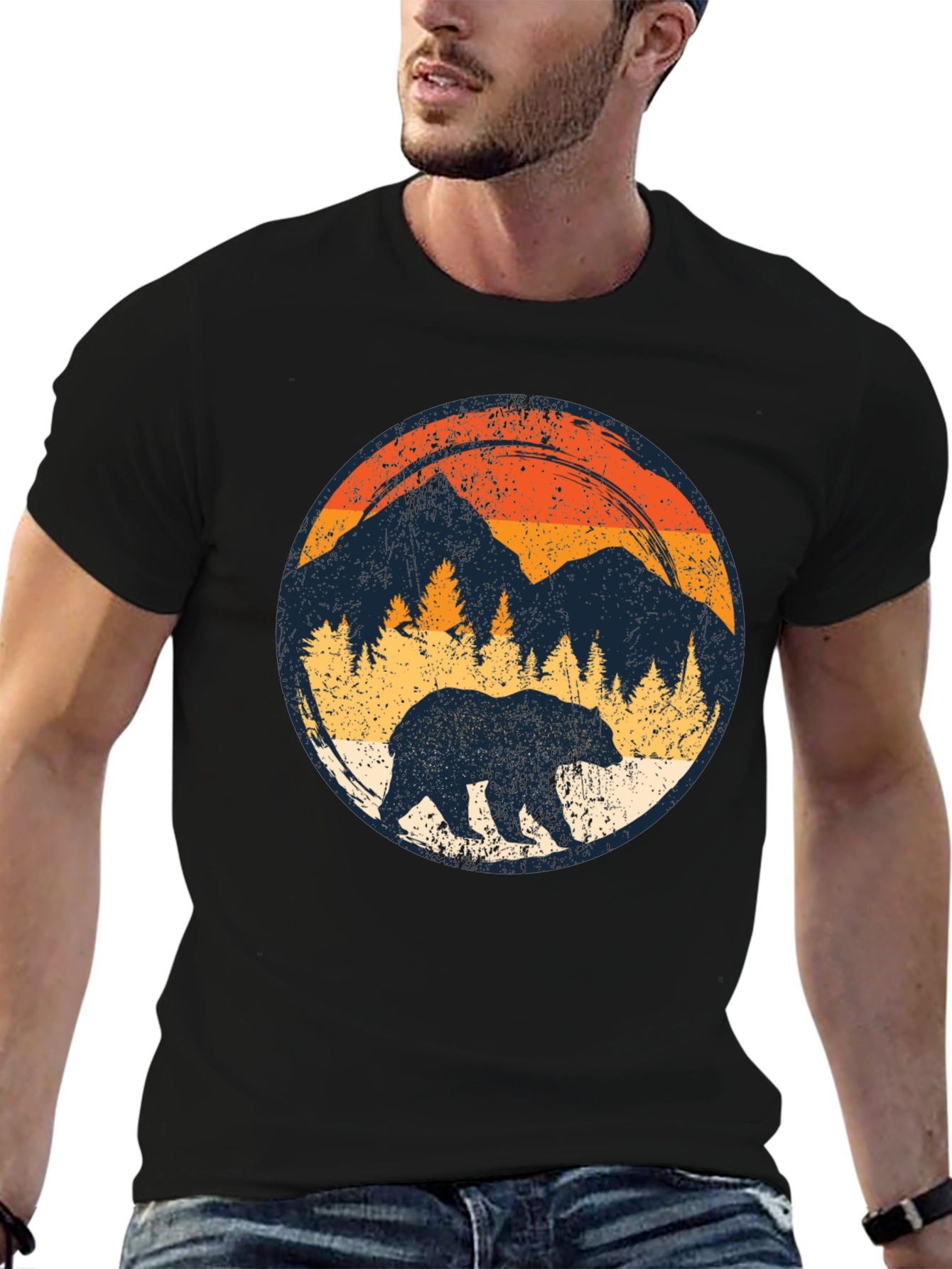 Black Retro Bear Mountain Black T-Shirt view 6