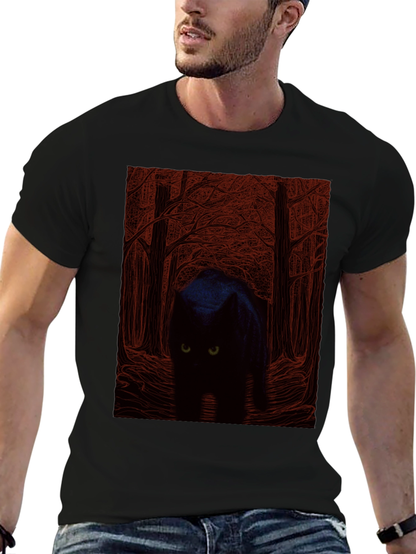 Black Black Cat Forest Graphic Tee - Men's Black T-Shirt view 6