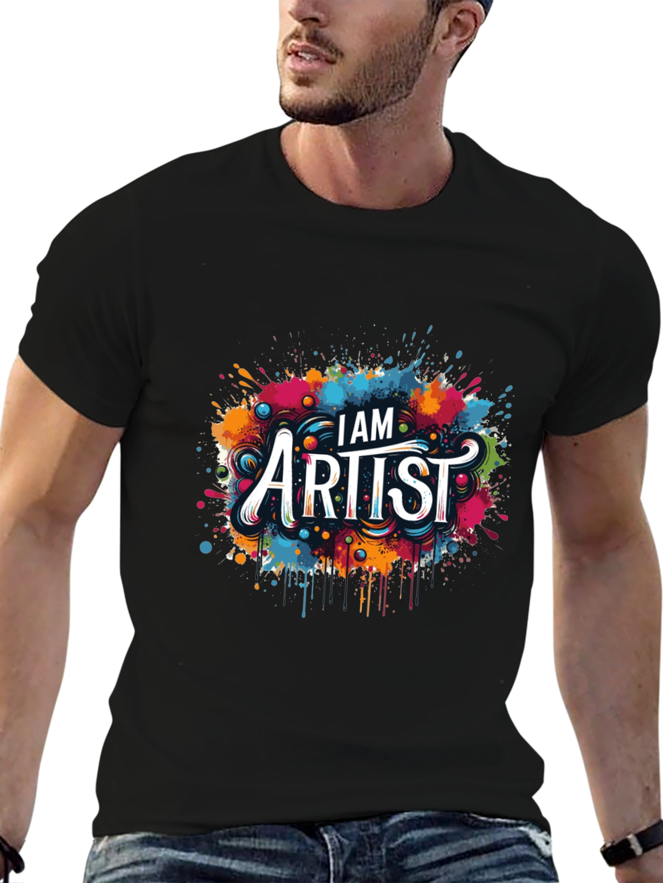 Black I AM Artist Tee: Creative Color Splash Graphic T-Shirt view 6
