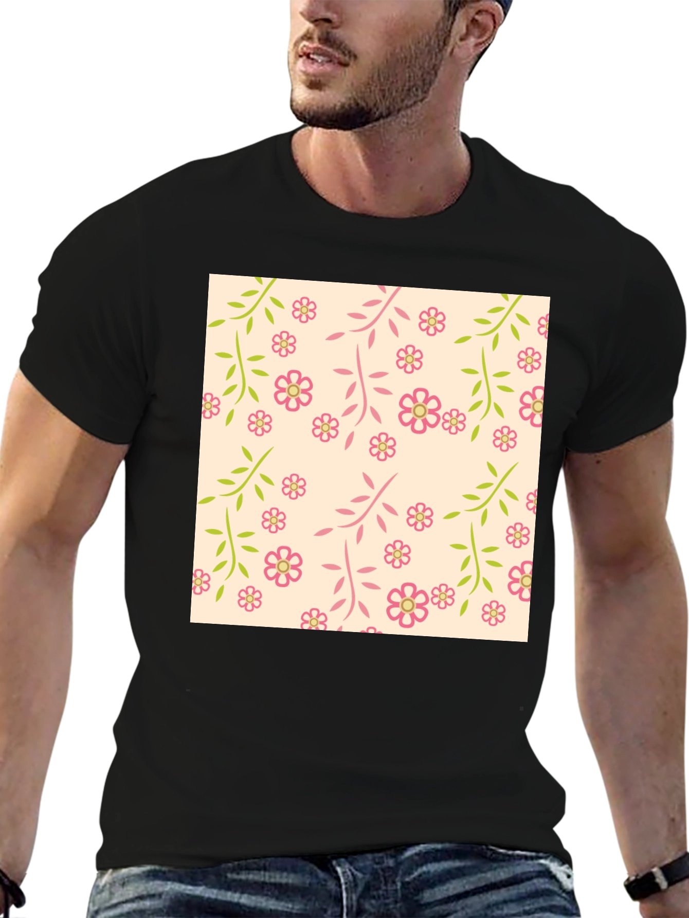 Black Floral Pattern Black T-Shirt view 6