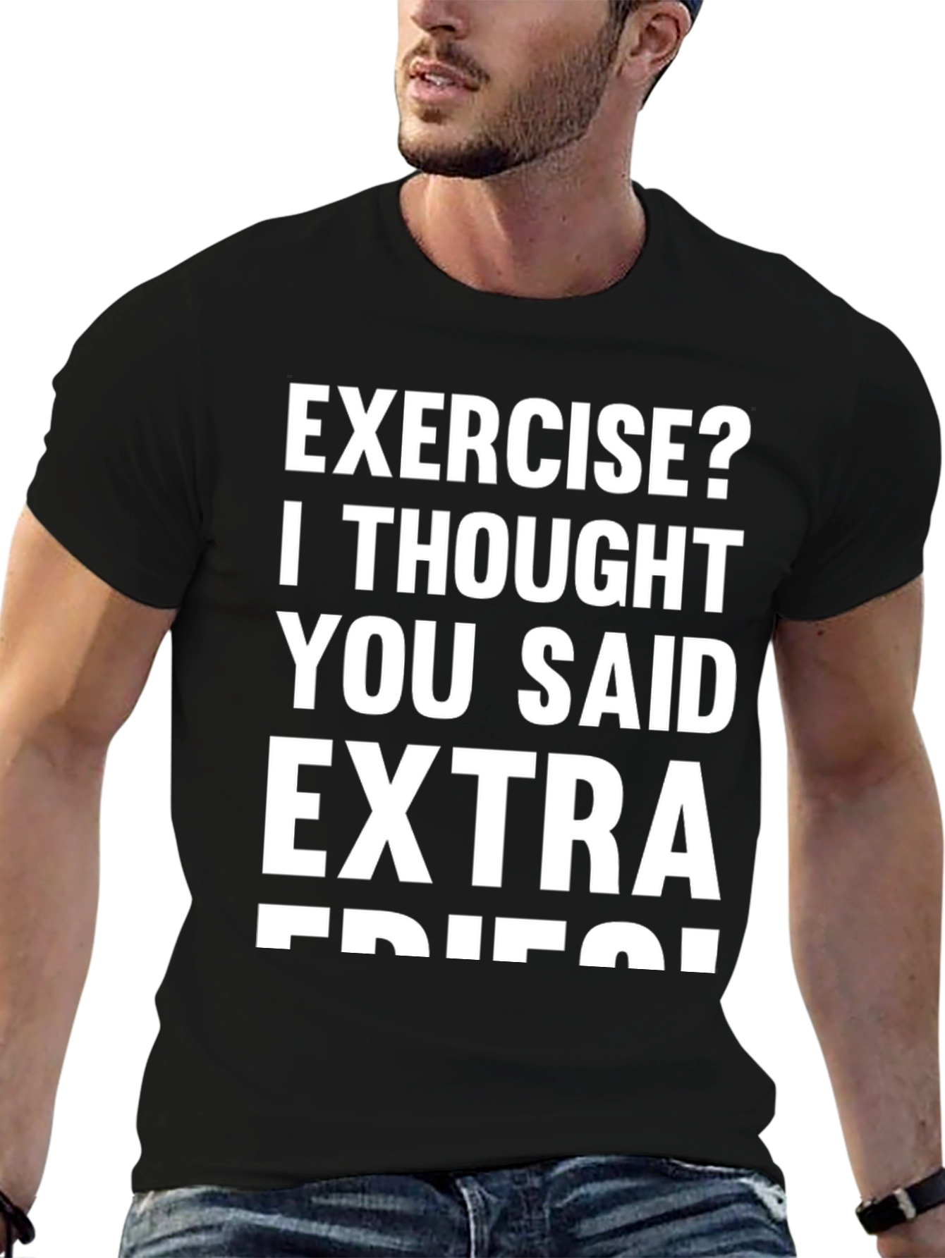 Black Funny Exercise Extra Fries T-Shirt - Black view 6