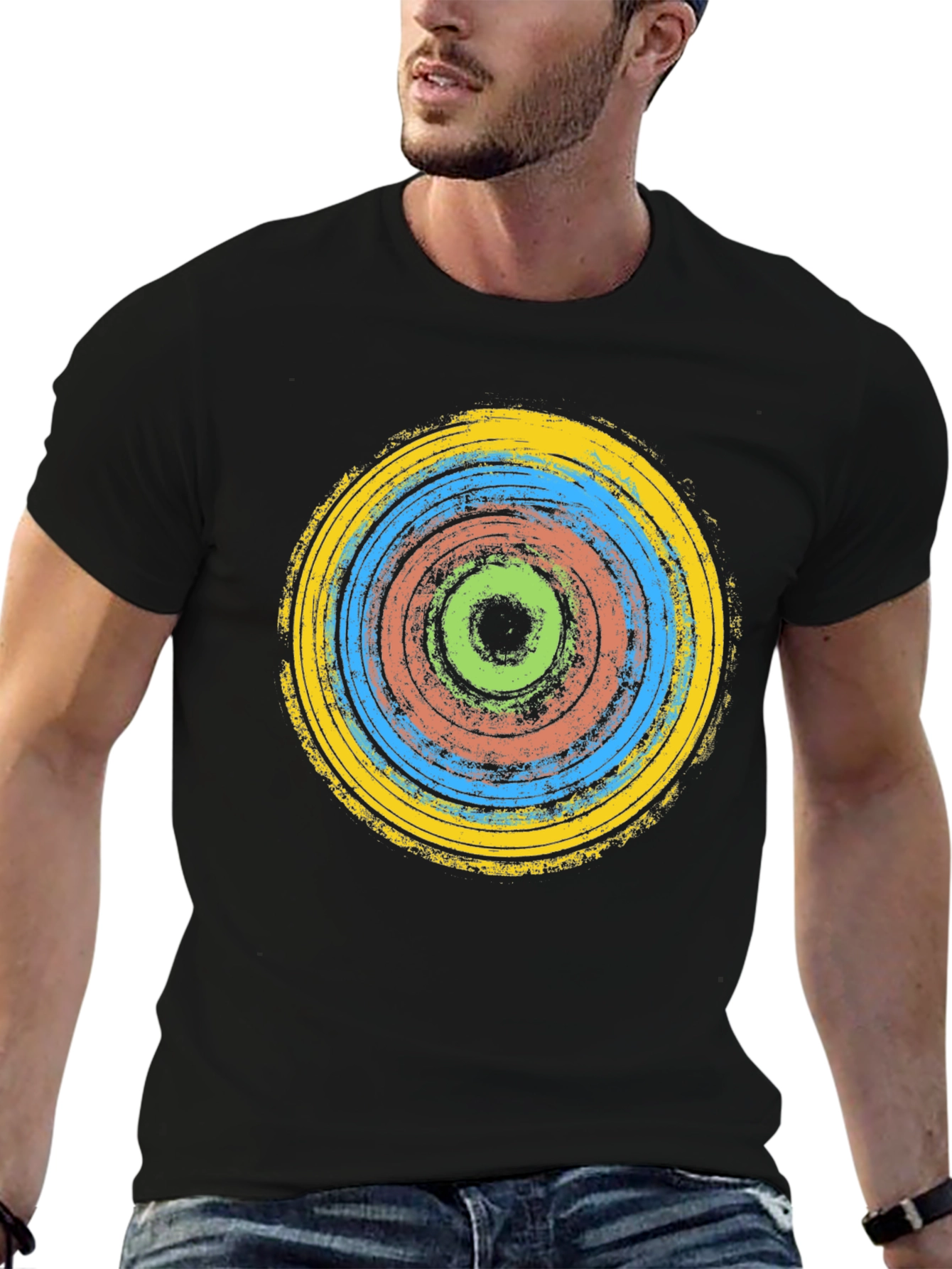 Black Abstract Rings Graphic Tee - Black Cotton T-Shirt view 6