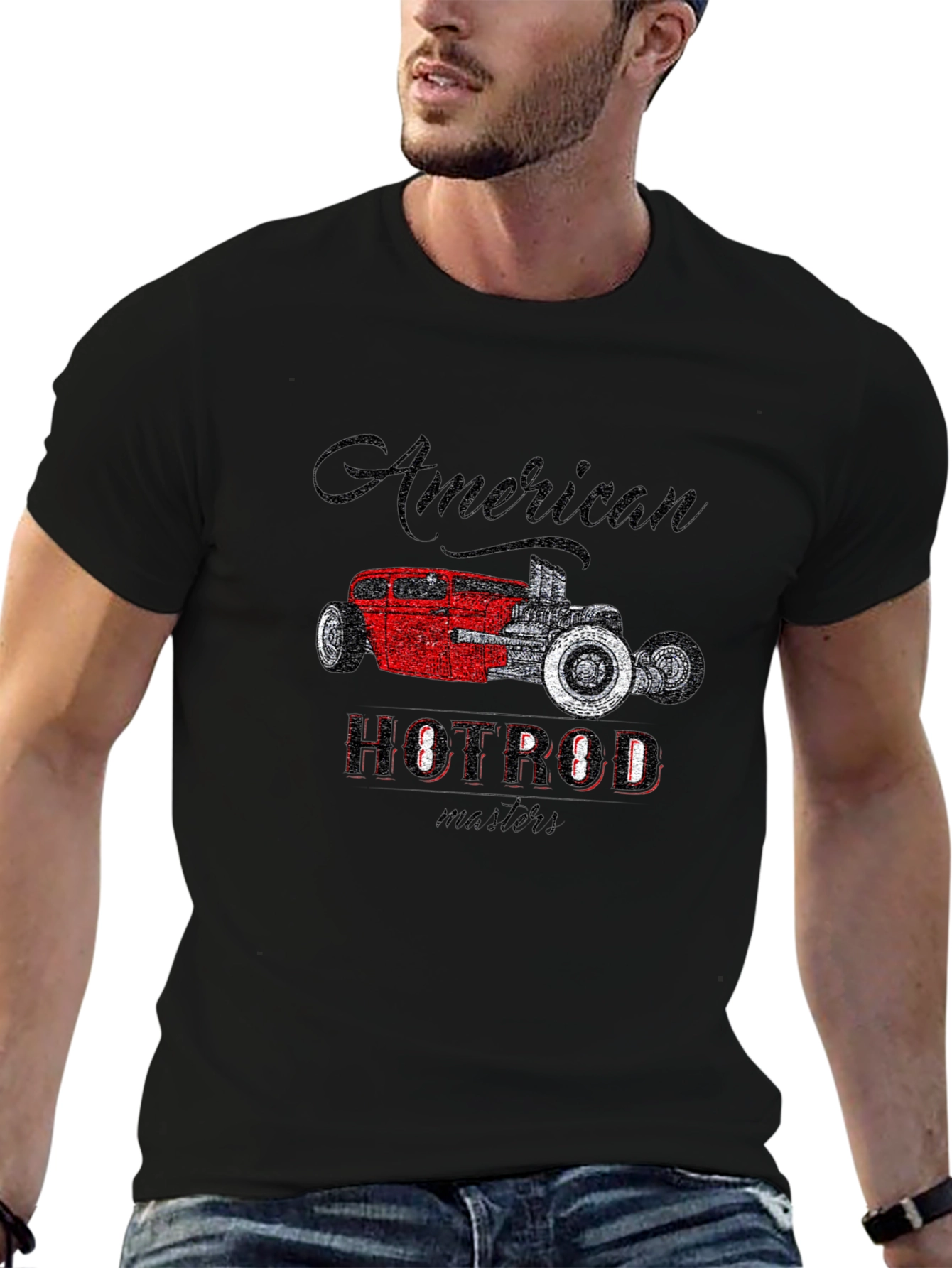 Black American Hot Rod Graphic Tee - Vintage Car Design view 6
