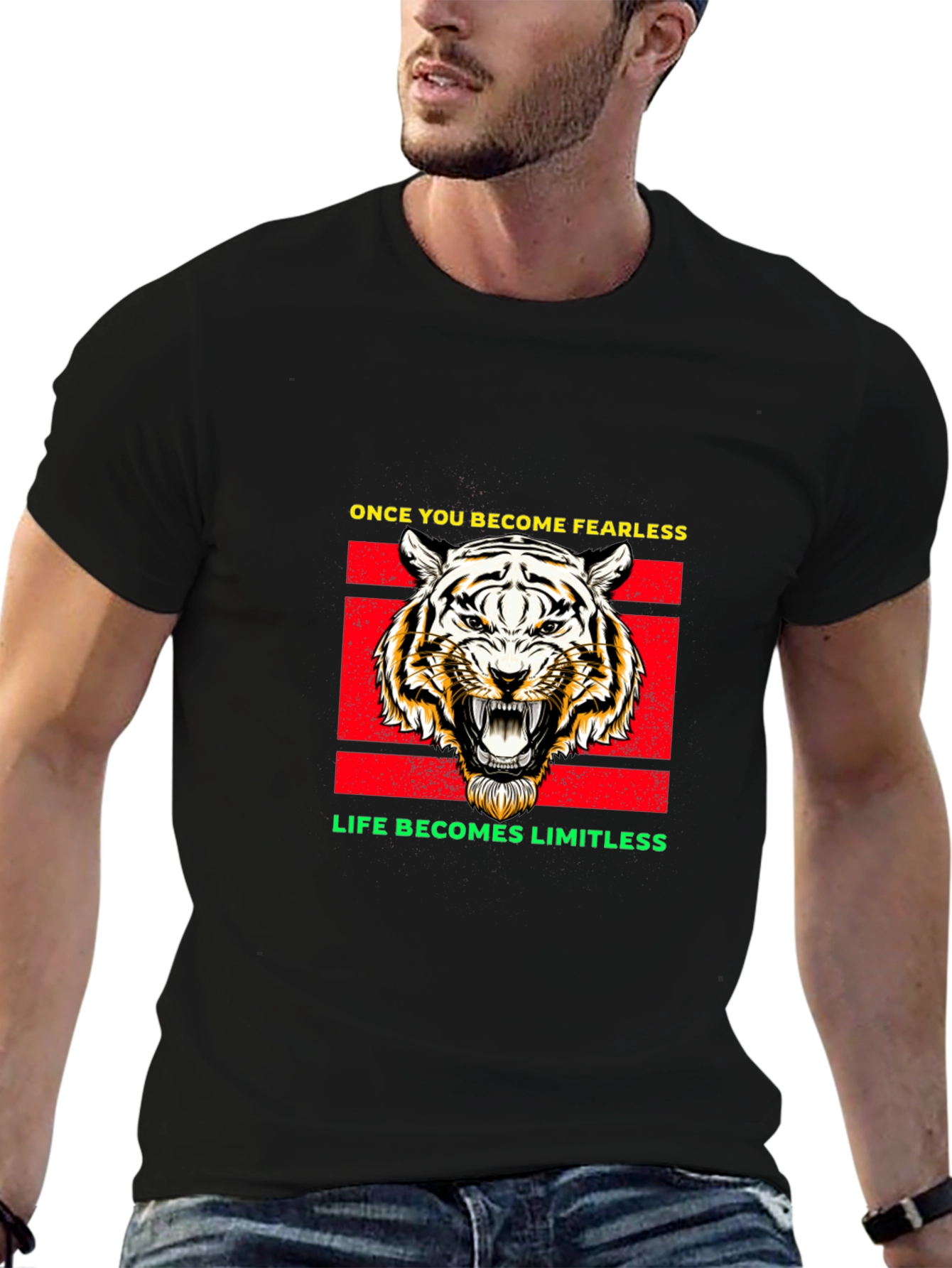 Black Fearless Tiger Graphic Tee - Black Cotton Blend view 6