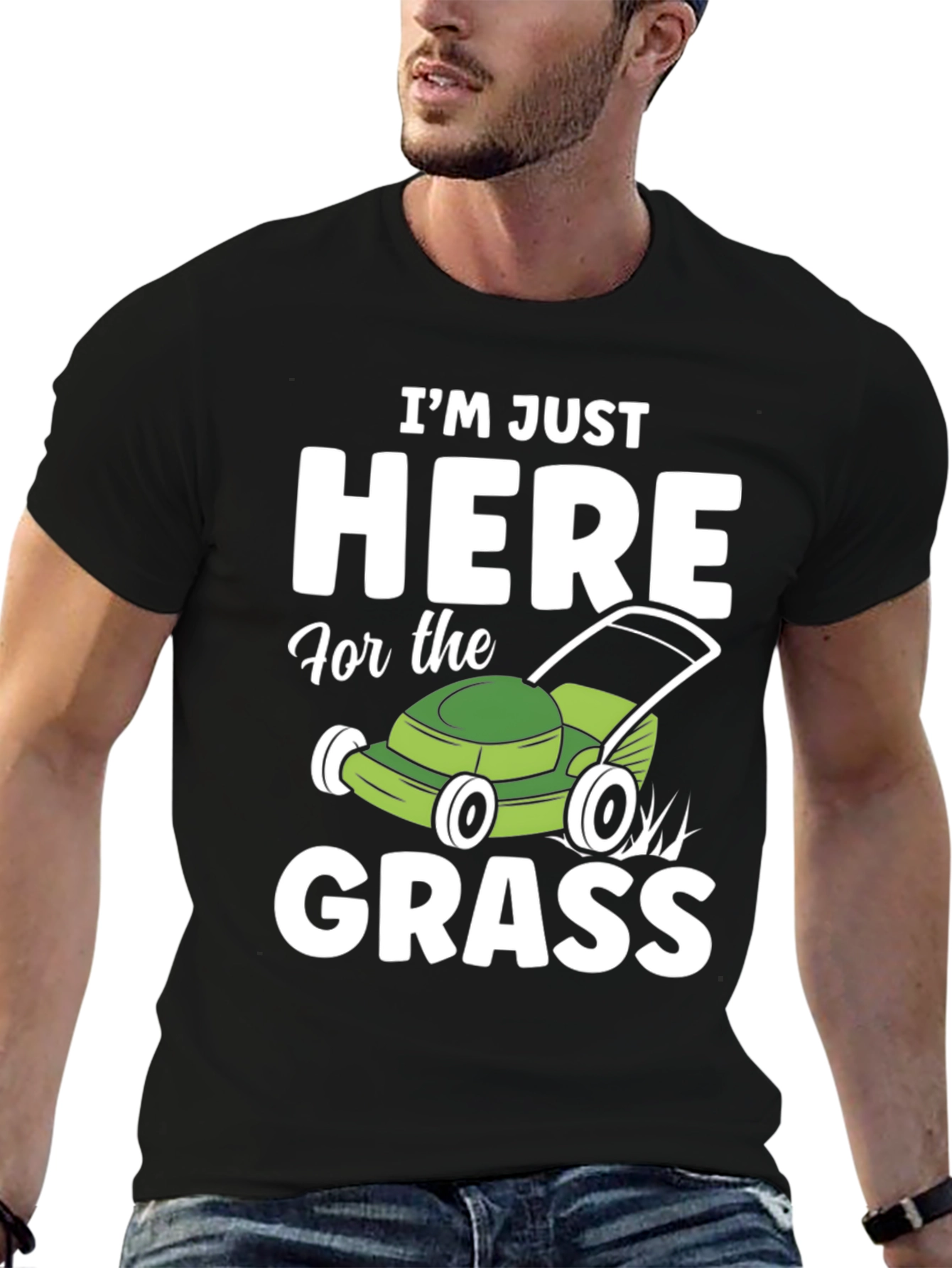 Black Funny "Here for the Grass" Lawn Mowing T-Shirt view 6