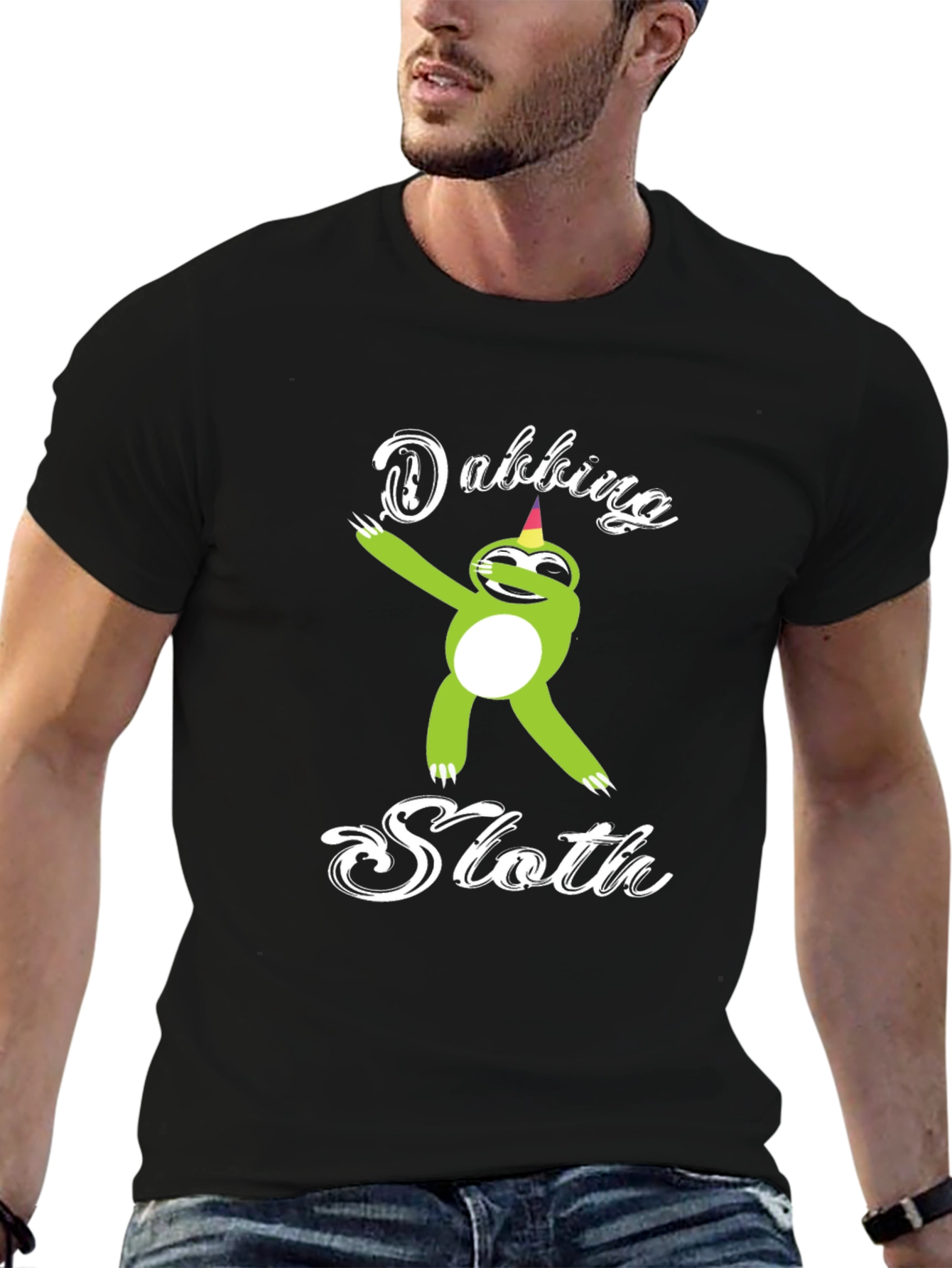 Black Dabbing Sloth Black T-Shirt view 6