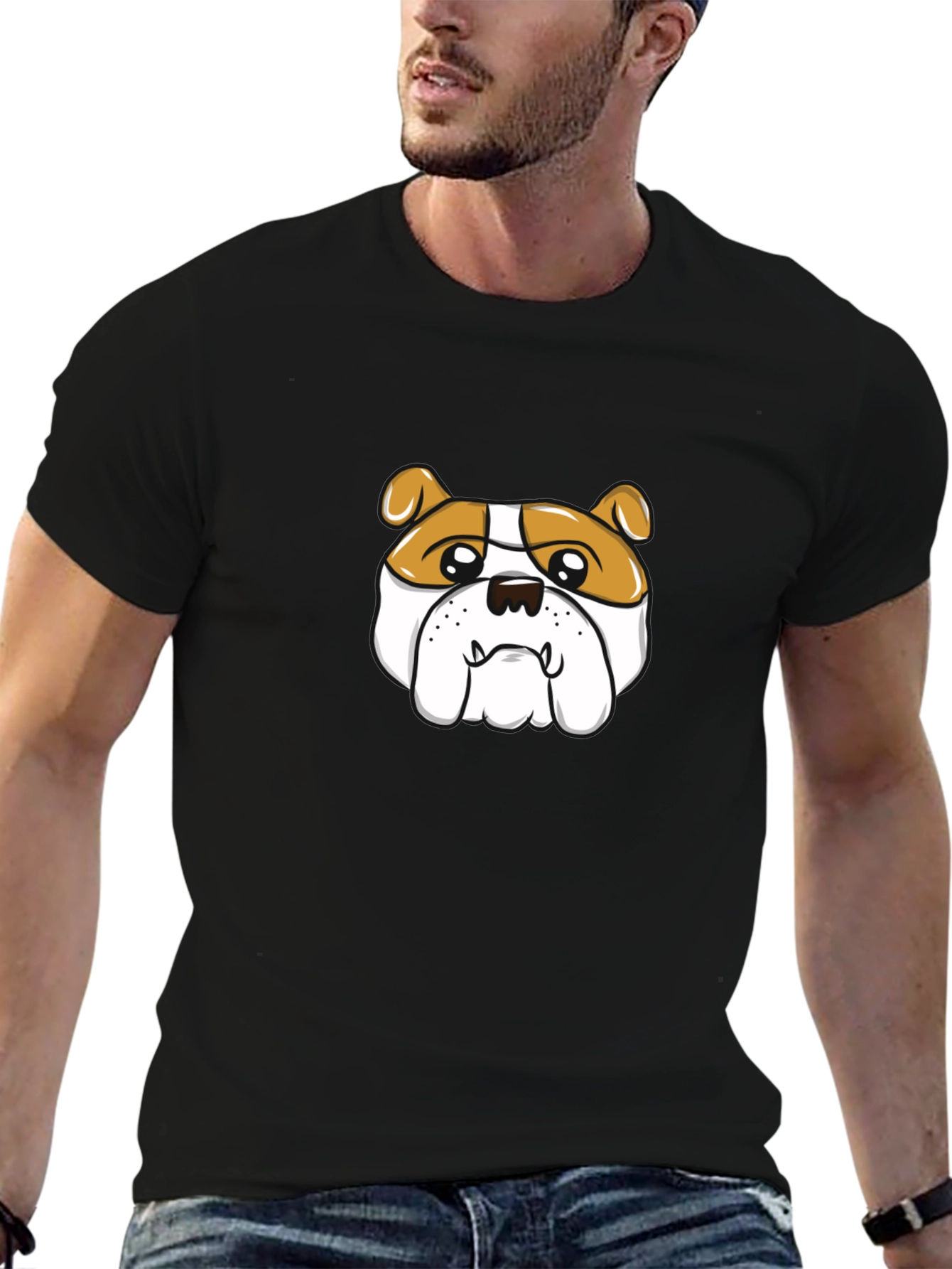Black Bulldog Cartoon Graphic Tee - Black Cotton T-Shirt view 6