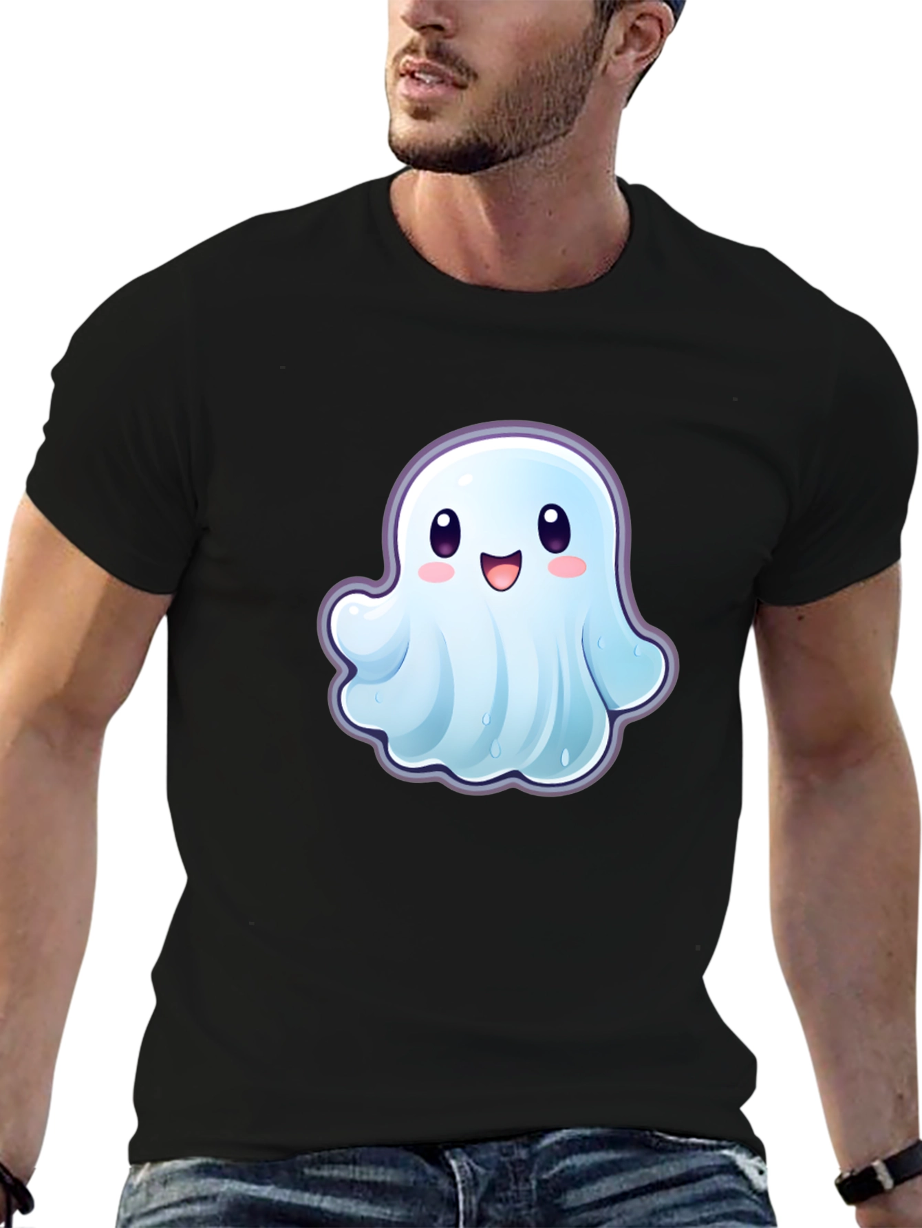 Black Cute Ghost Graphic T-Shirt - Black Cotton Tee view 6