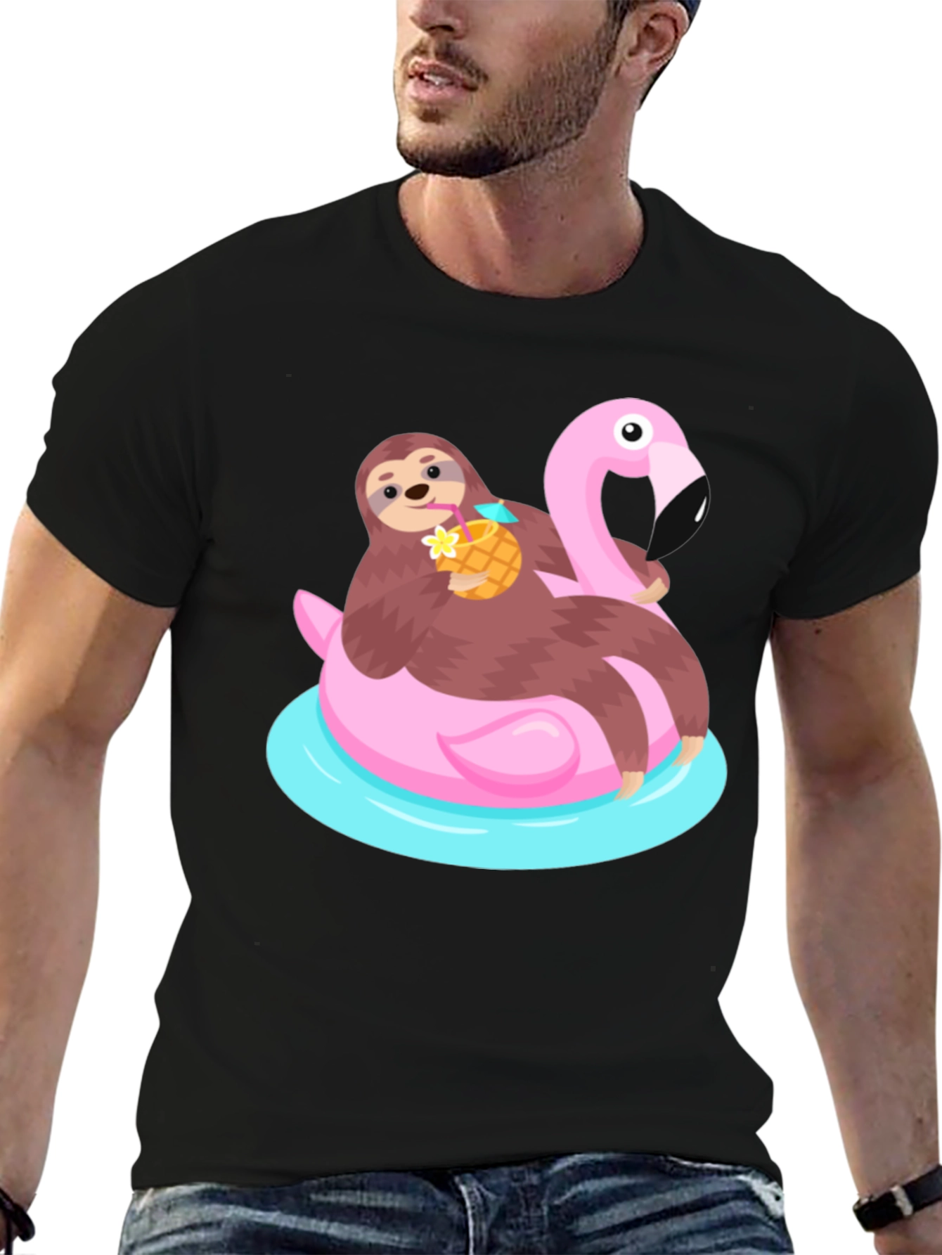 Black Sloth Flamingo Float T-Shirt - Relaxed Summer Vibes view 6