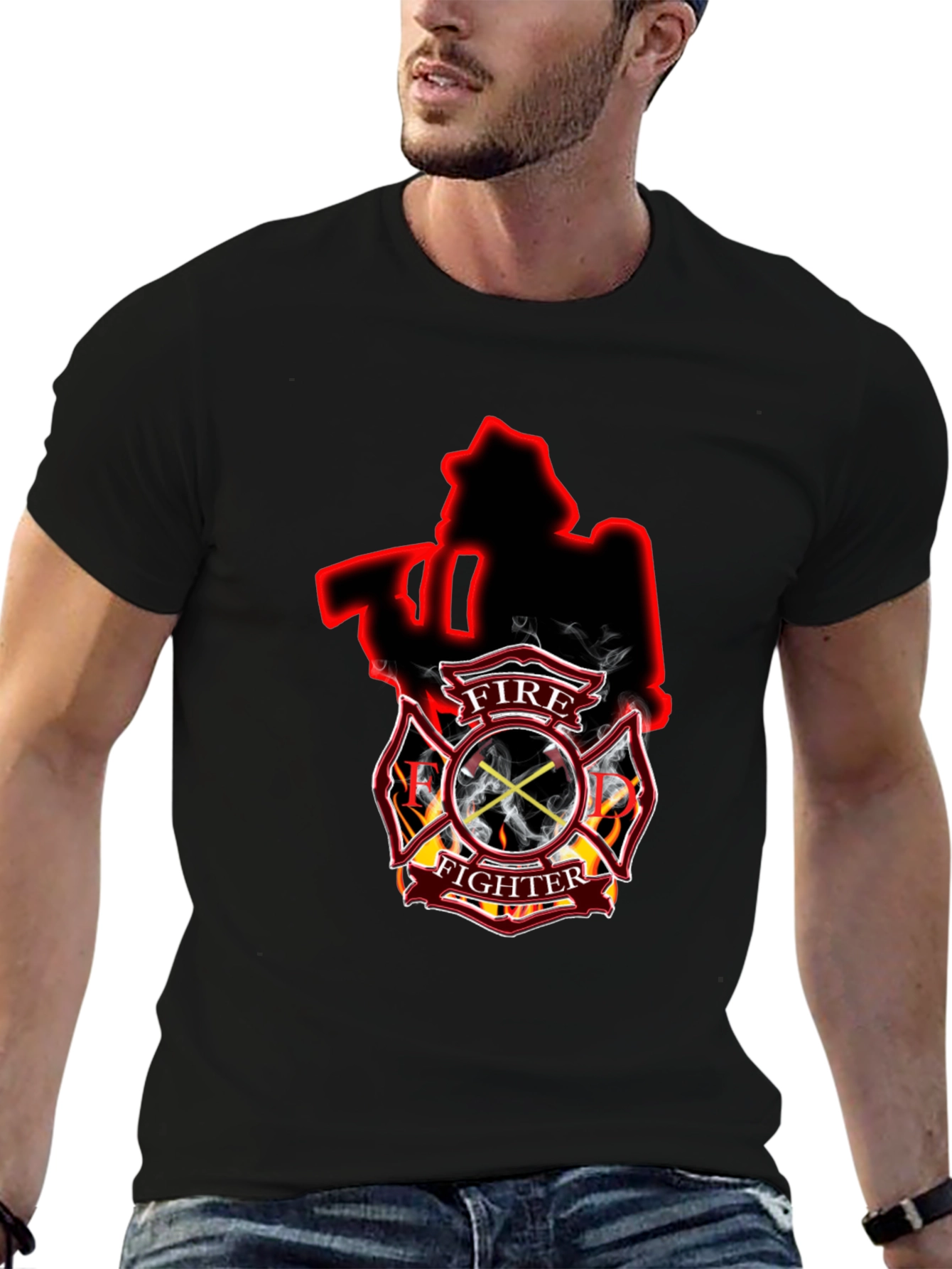 Black Firefighter Axe Shield Black T-Shirt view 6