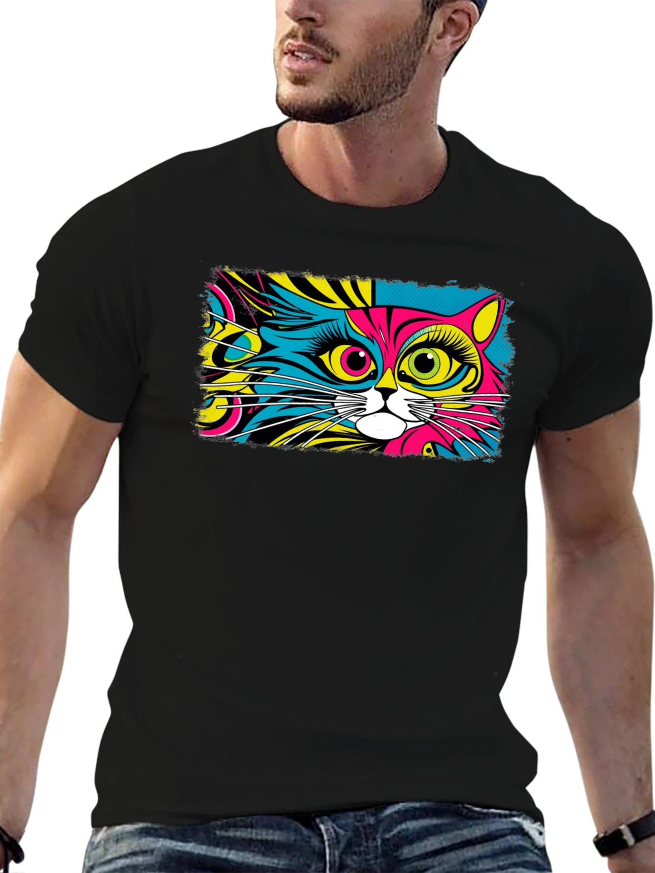 Black Psychedelic Cat Graphic Black T-Shirt view 6