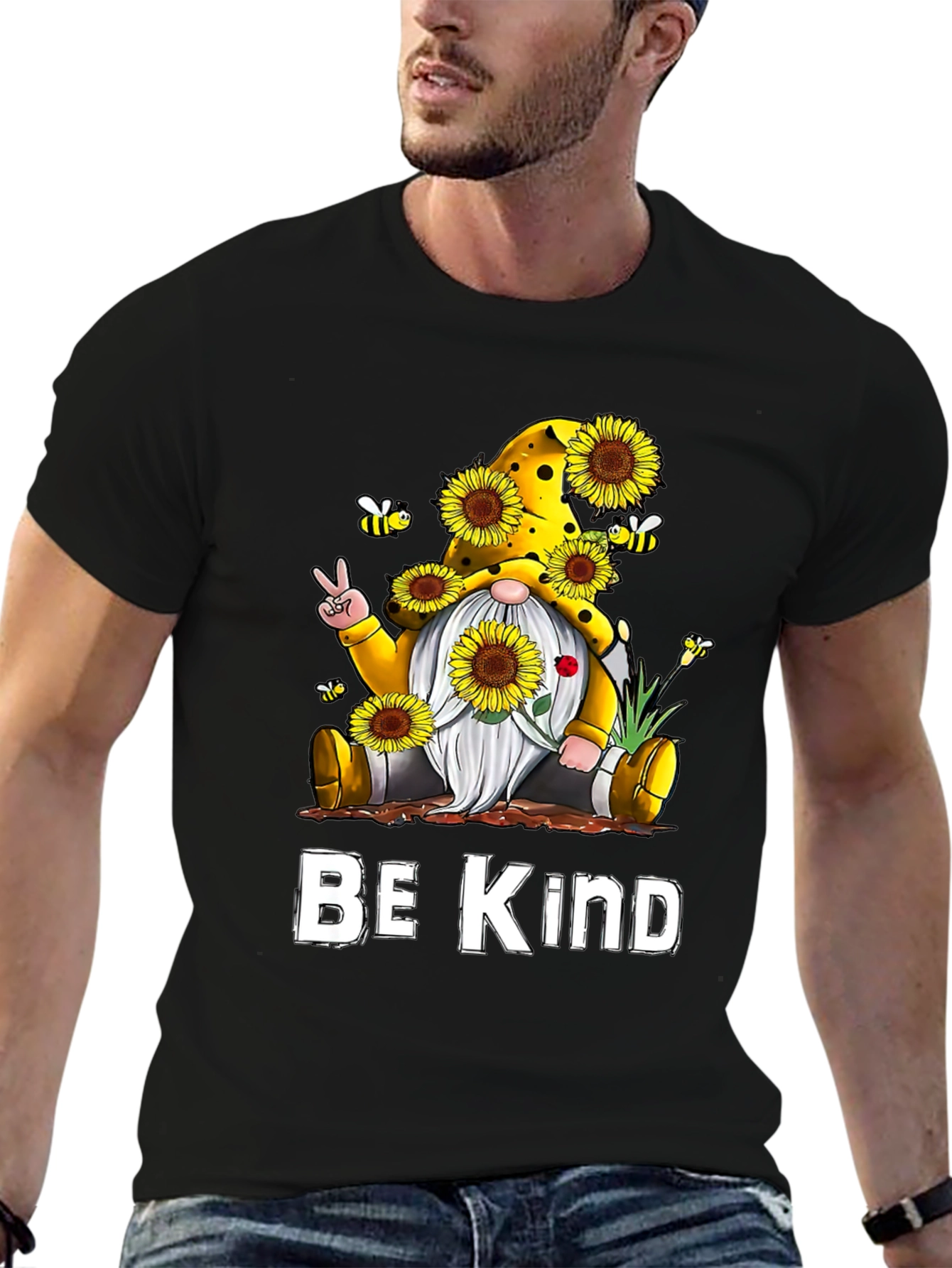 Black Be Kind Gnome Sunflower Graphic Tee view 6