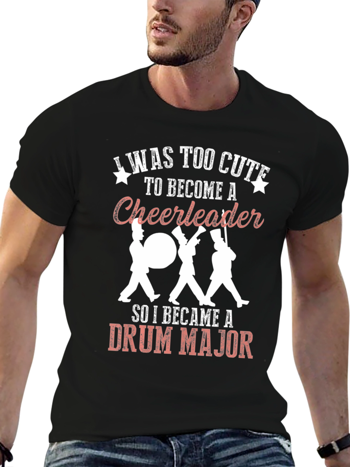 Black Funny Drum Major T-Shirt: Too Cute For Cheerleader view 6