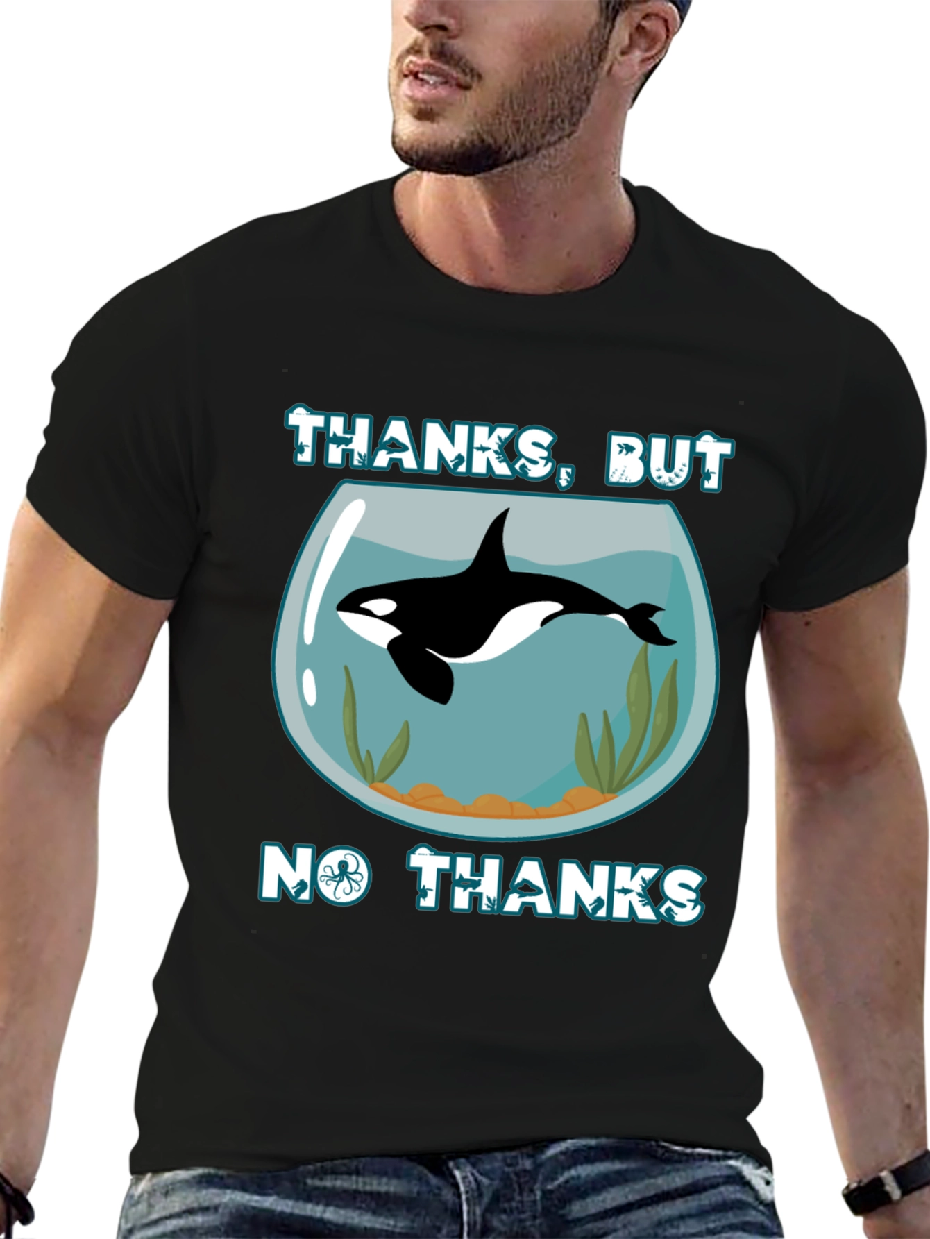 Black Humorous Orca Aquarium Graphic T-Shirt view 6