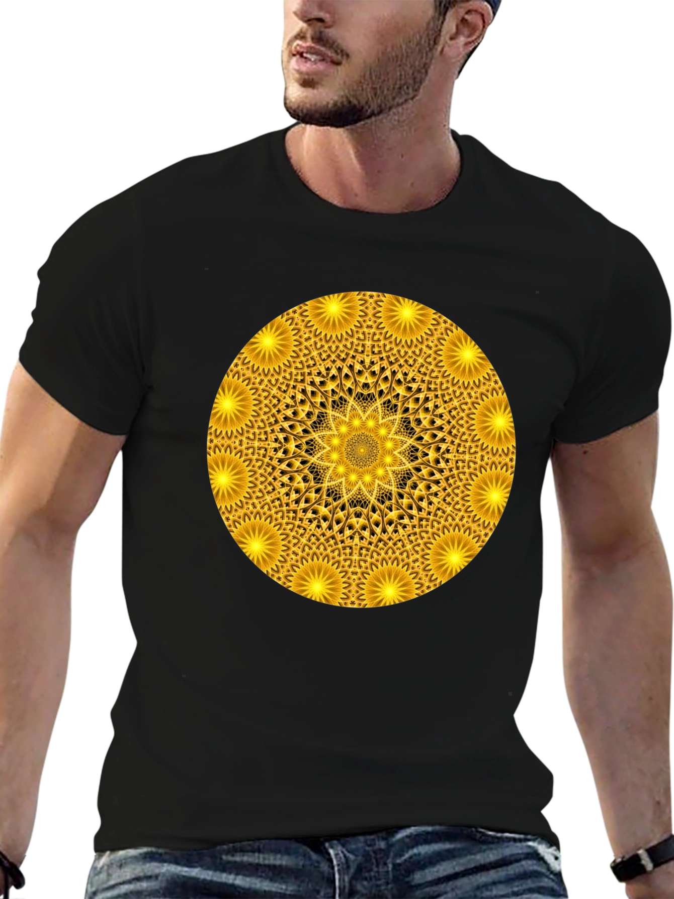 Black Golden Mandala Graphic T-Shirt - Black Crew Neck Tee view 6