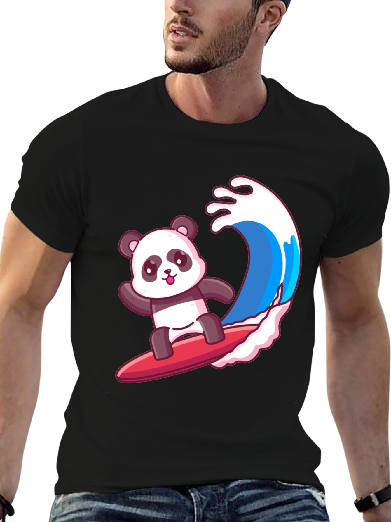 Black Surfing Panda Graphic Tee - Black Cotton Shirt view 6