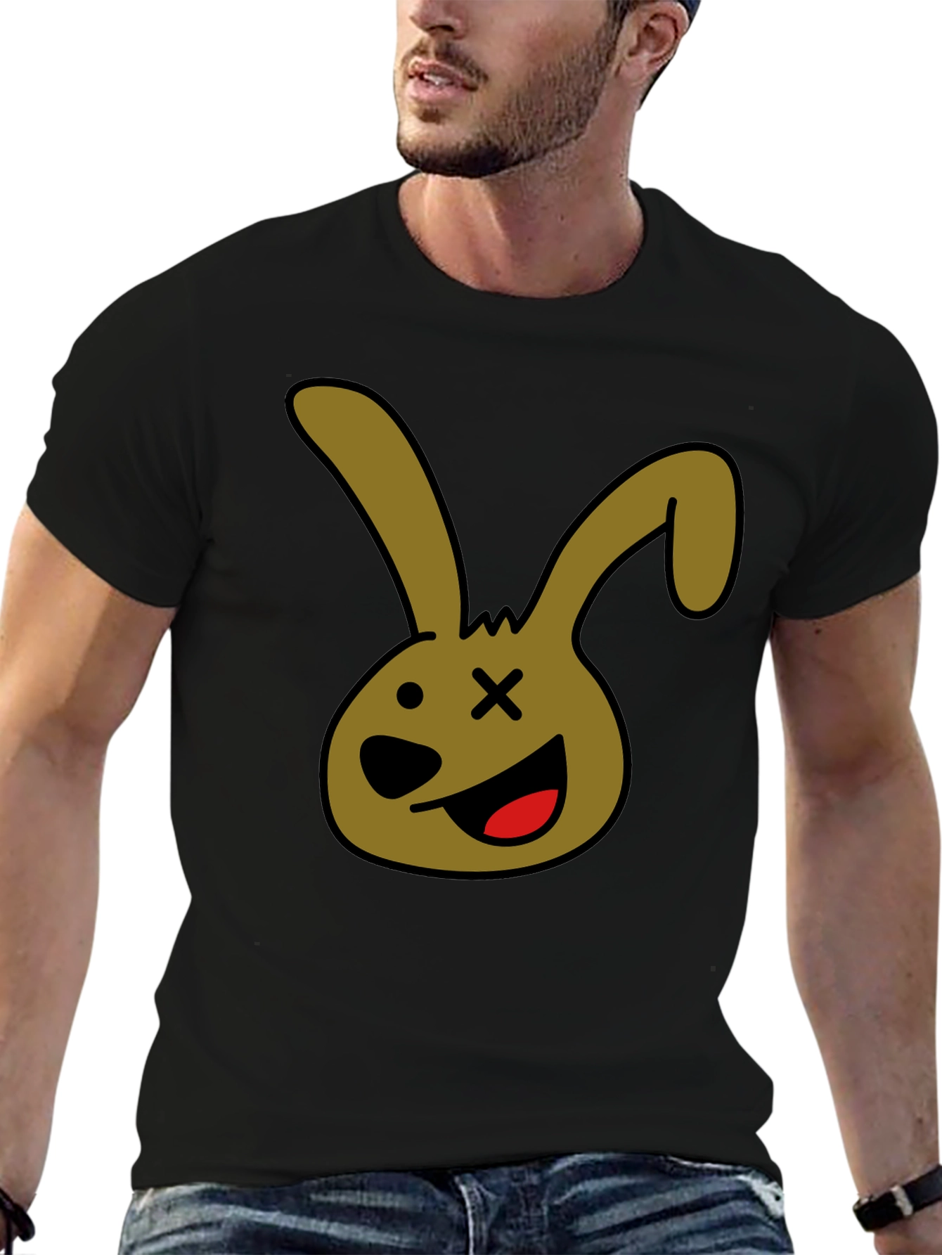 Black Cartoon Bunny Graphic Tee - Black Unisex T-Shirt view 6