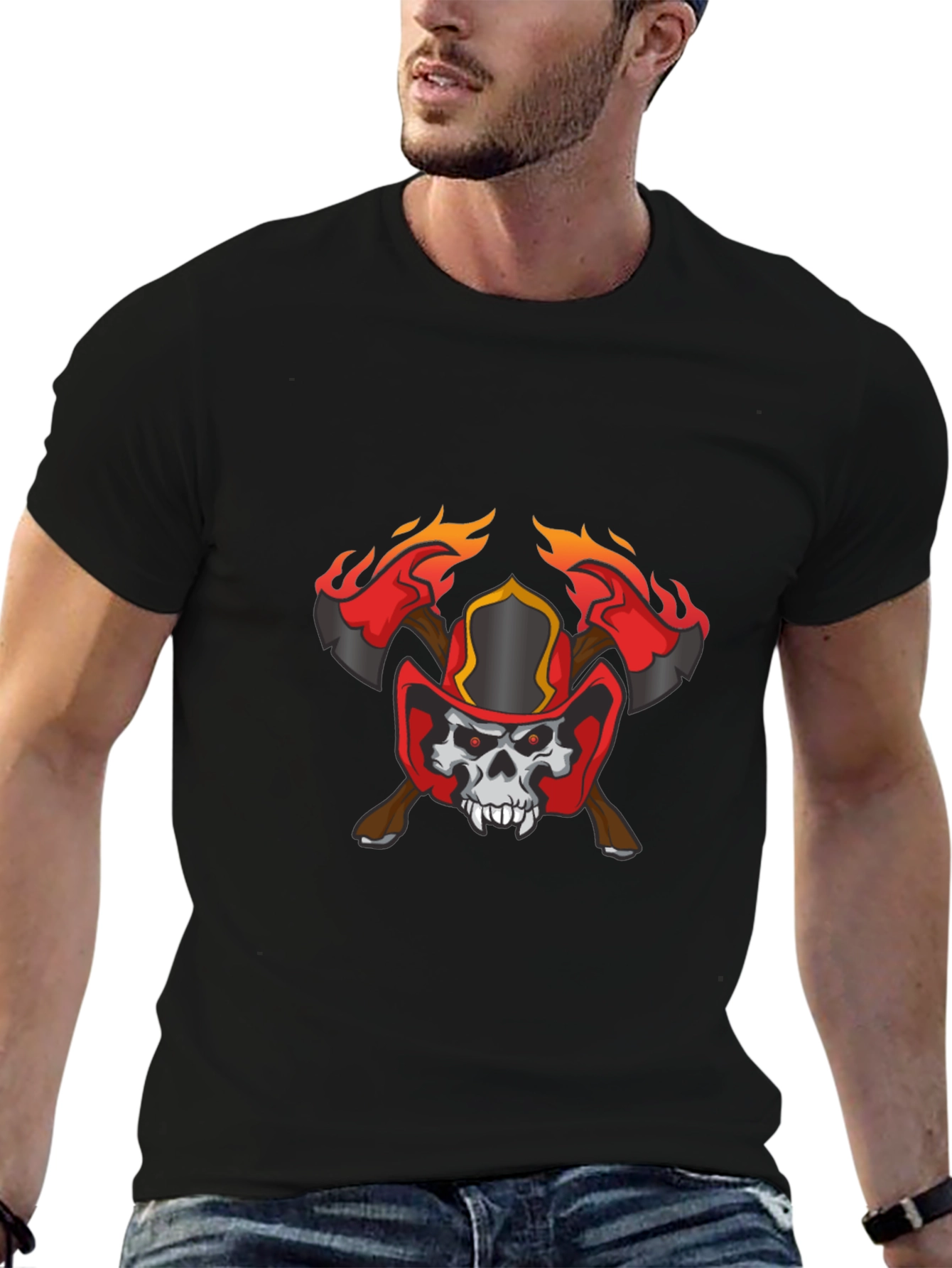 Black Skull Firefighter Axe Graphic T-Shirt view 6
