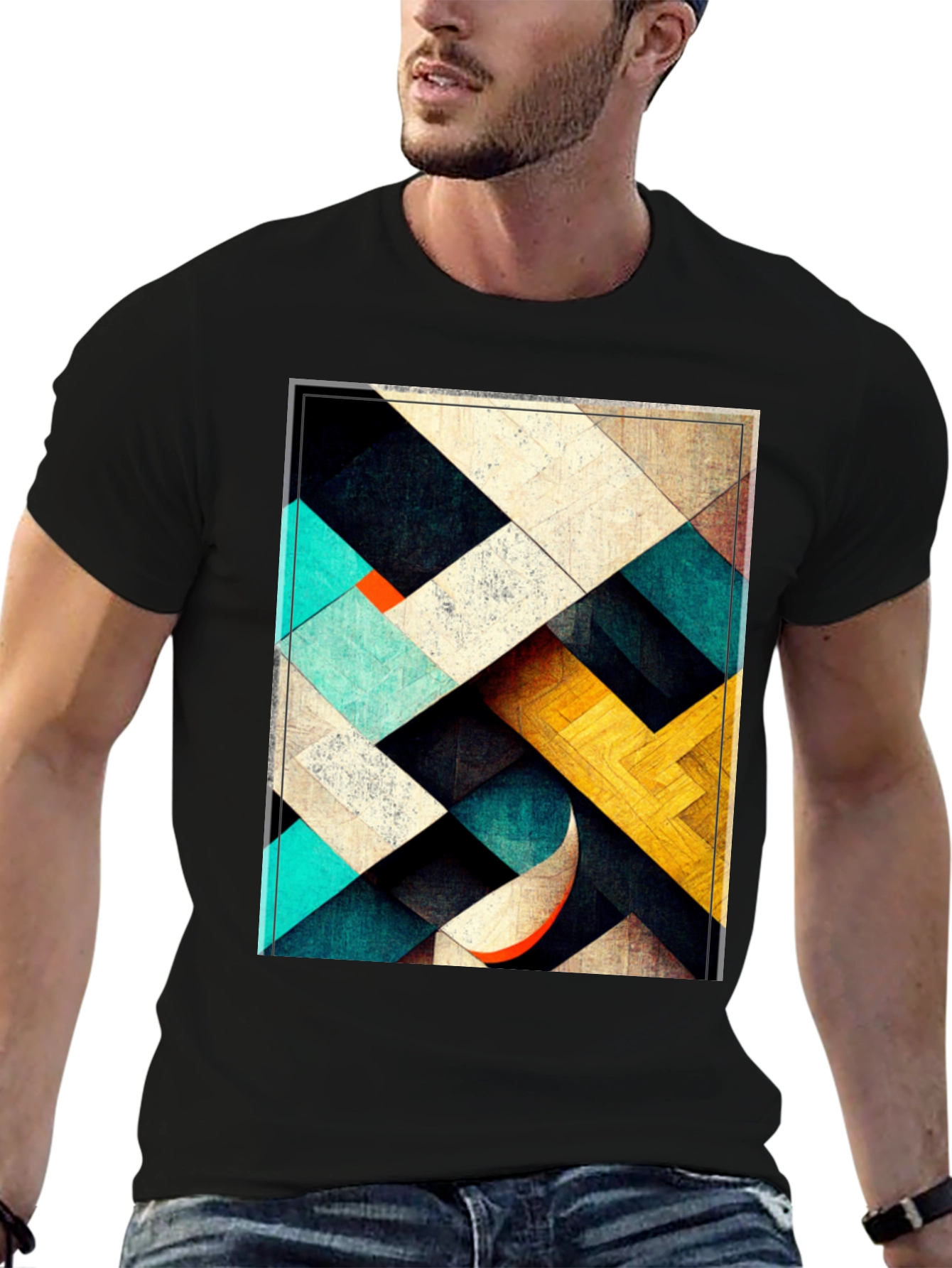Black Geometric Patterned Black T-Shirt view 6