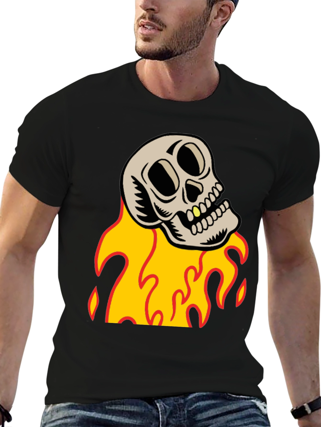 Black Skull on Fire Graphic Tee - Black Cotton T-Shirt view 6
