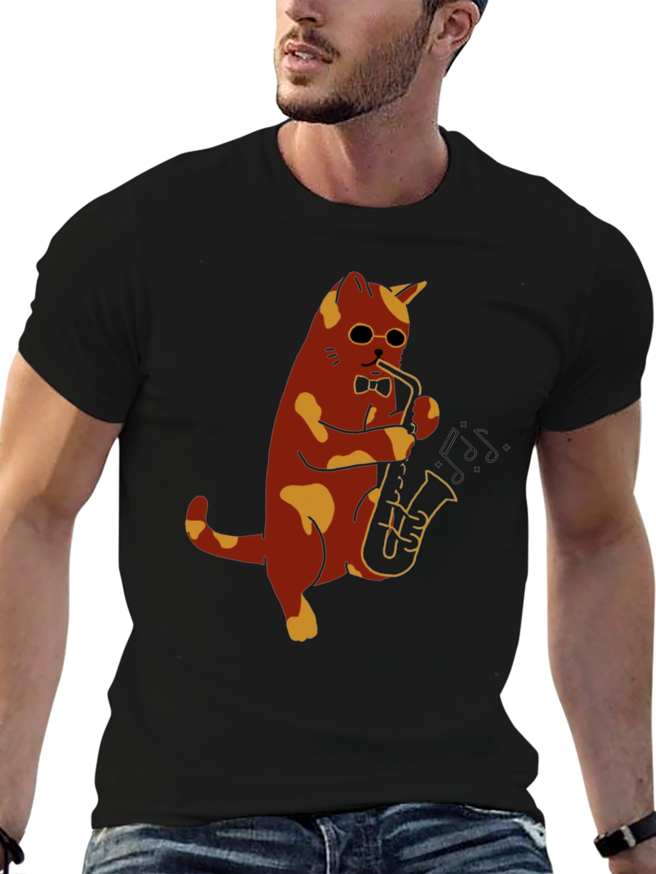Black Cat Saxophone Player Graphic T-Shirt view 6