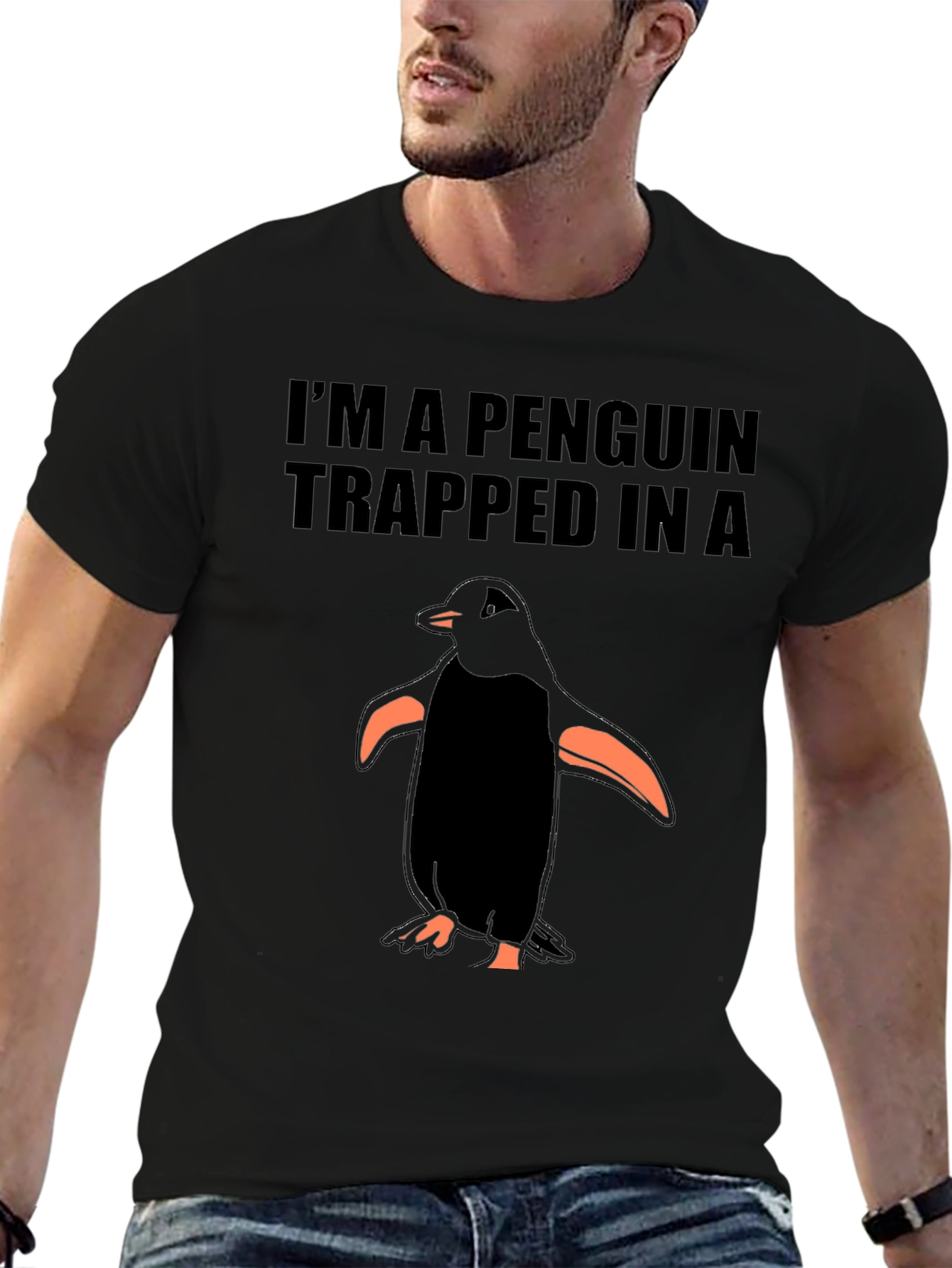 Black Penguin Trapped T-Shirt - Funny Graphic Tee view 6