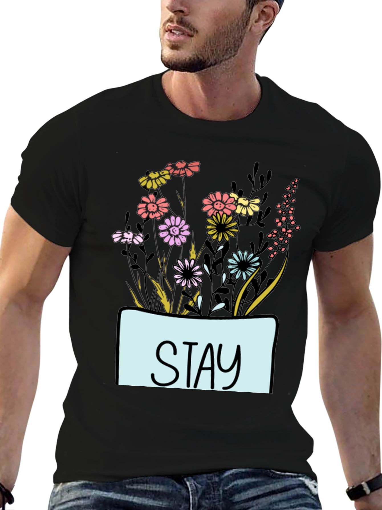 Black Stay Floral Graphic T-Shirt - Unisex Casual Tee view 6