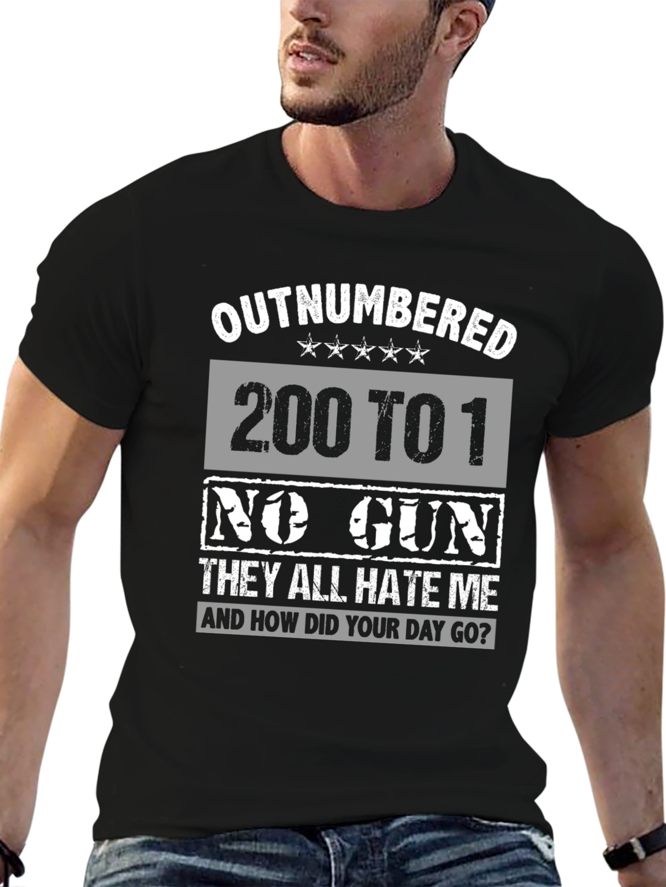 Black Outnumbered Funny Graphic T-Shirt view 6