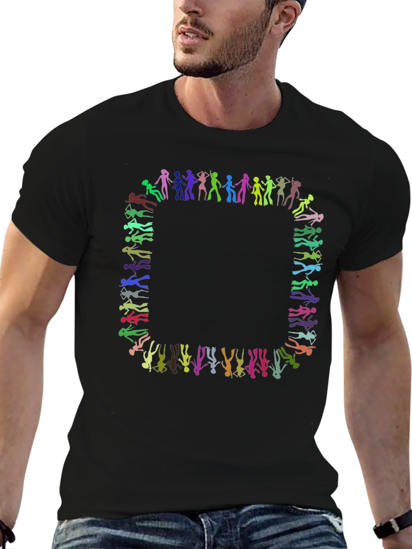 Black Colorful Silhouette People Pattern Black T-Shirt view 6